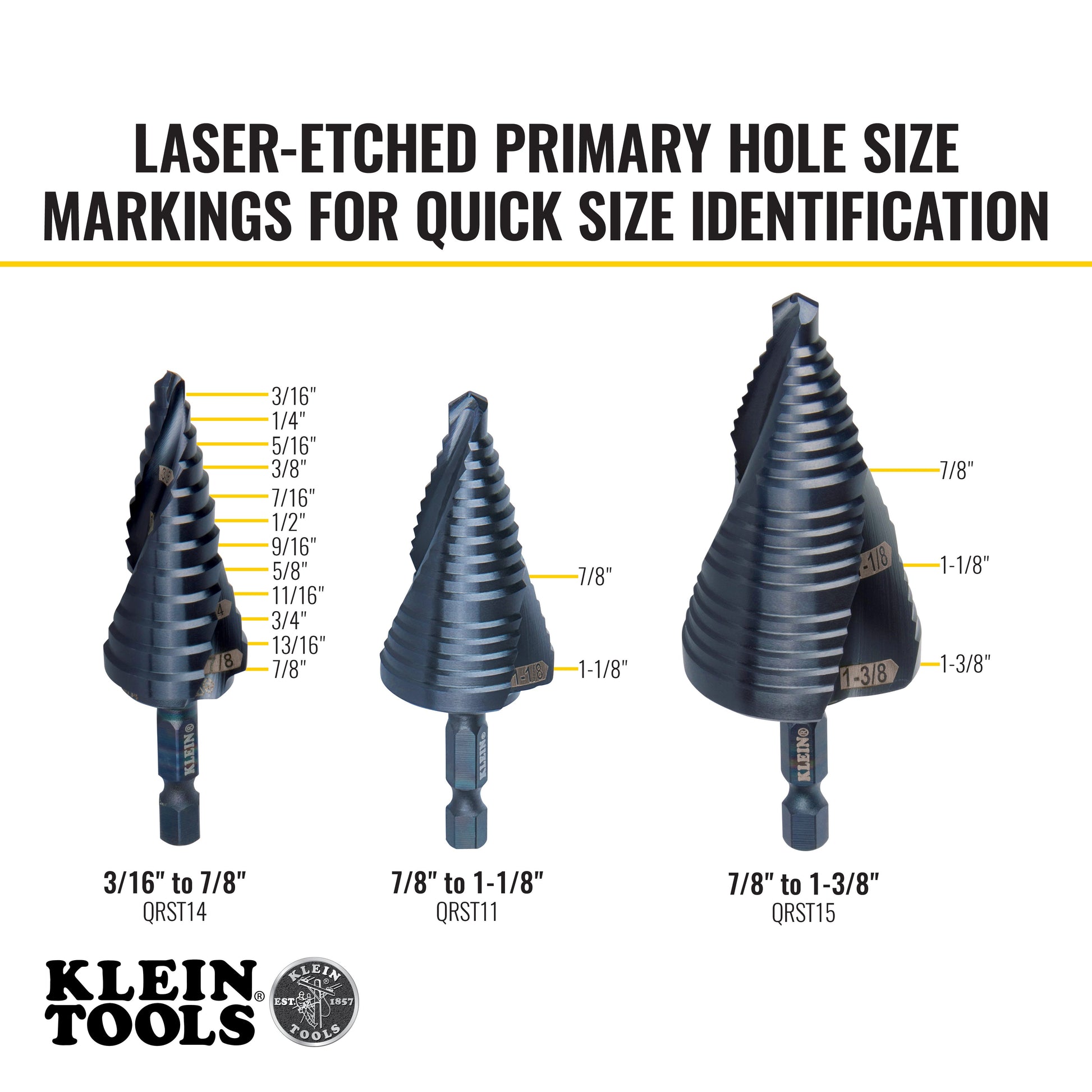 Klein Tools QRSTSPRO 3-Piece Premium Electrician's 1/4-in. Hex Quick-Release Step Bit Set
