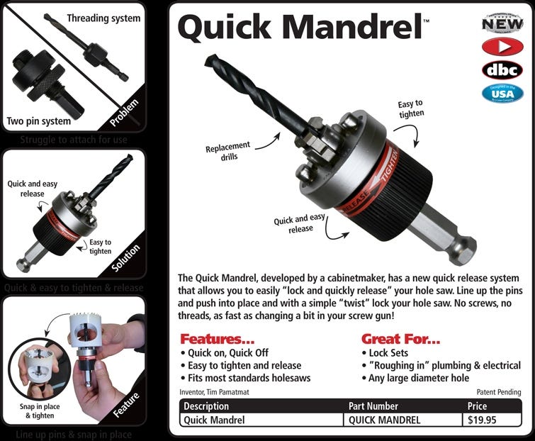Fastcap Quick Change Hole Saw Mandrel