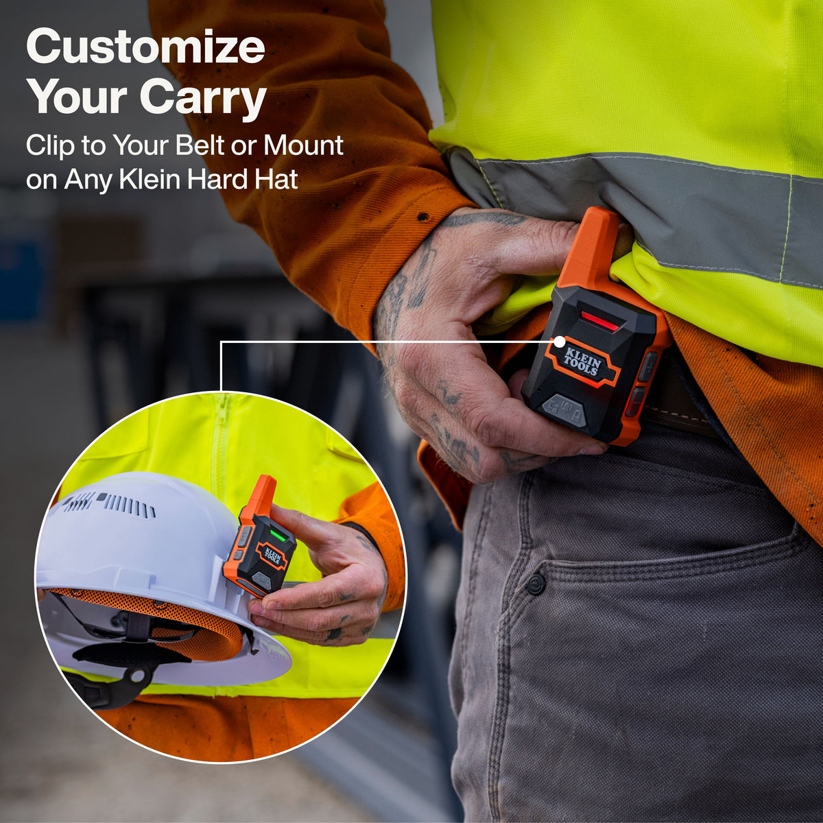Klein Tools RJSC200 two-way radio mounted on a hard hat with removable Klein hard hat clip