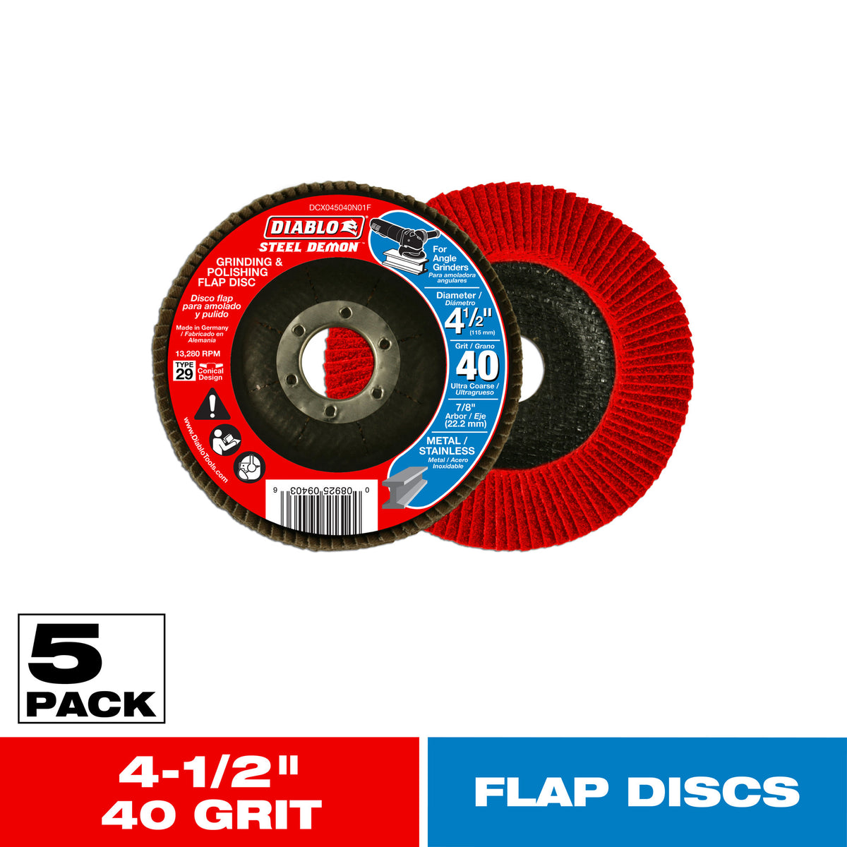Diablo 4-1/2 in. 40-Grit Steel Demon Grinding and Polishing Flap Disc, 5-Pack (DCX045040N05F)