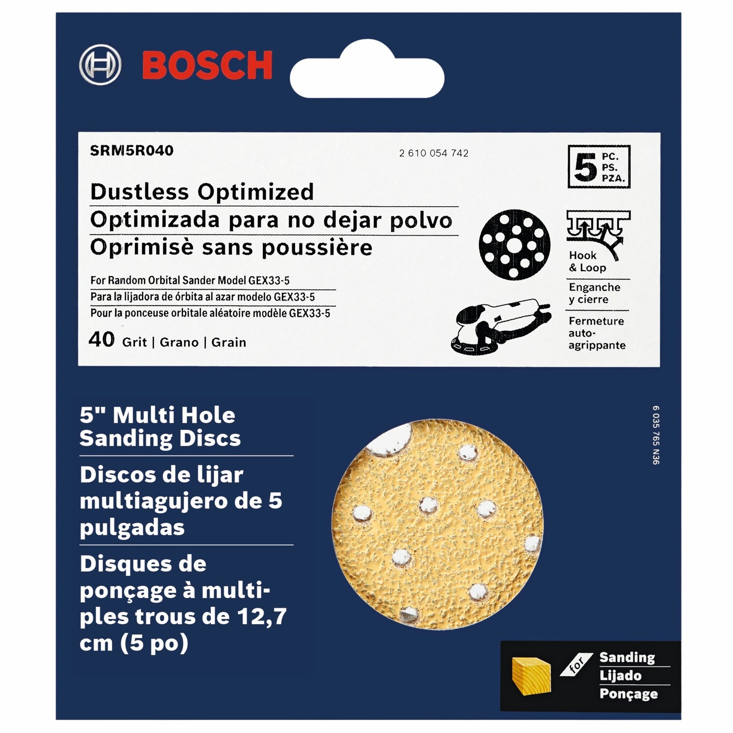 Bosch SRM5R040 5-Piece 40 Grit 5-Inch Multi-Hole Hook-And-Loop Sanding Discs