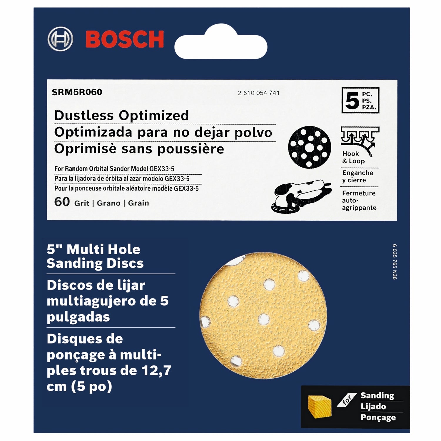 Bosch SRM5R060 5-Piece 60 Grit 5-Inch Multi-Hole Hook-And-Loop Sanding Discs