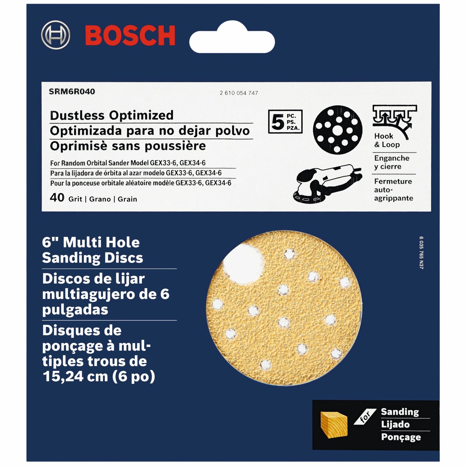 Bosch SRM6R040 5-Piece 40 Grit 6-Inch Multi-Hole Hook-And-Loop Sanding Discs
