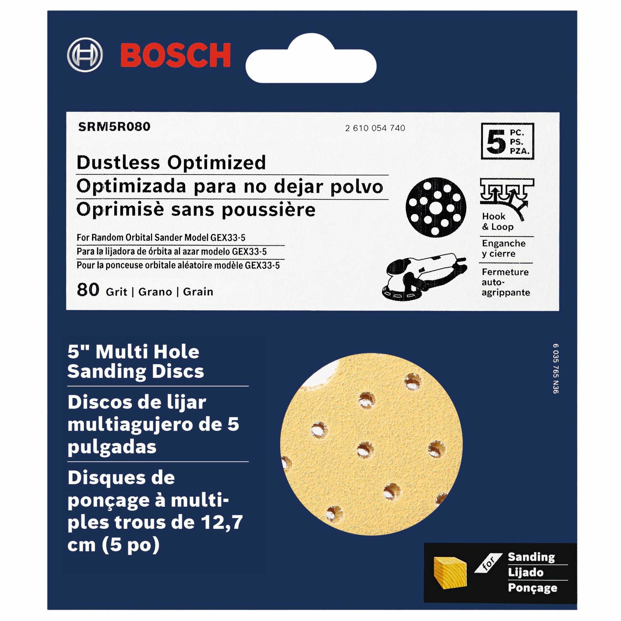 Bosch SRM5R080 5-Piece 80 Grit 5-Inch Multi-Hole Hook-And-Loop Sanding Discs