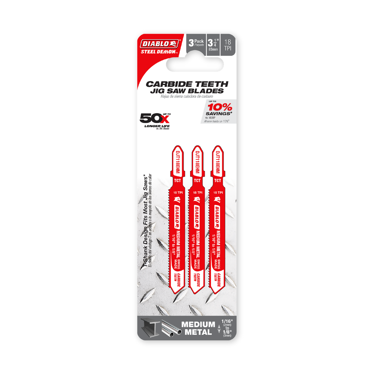 Diablo 3-1/4 in. 18 TPI Carbide T-Shank Jig Saw Blade for Medium Metal (DJT118EHM3) in retail packaging