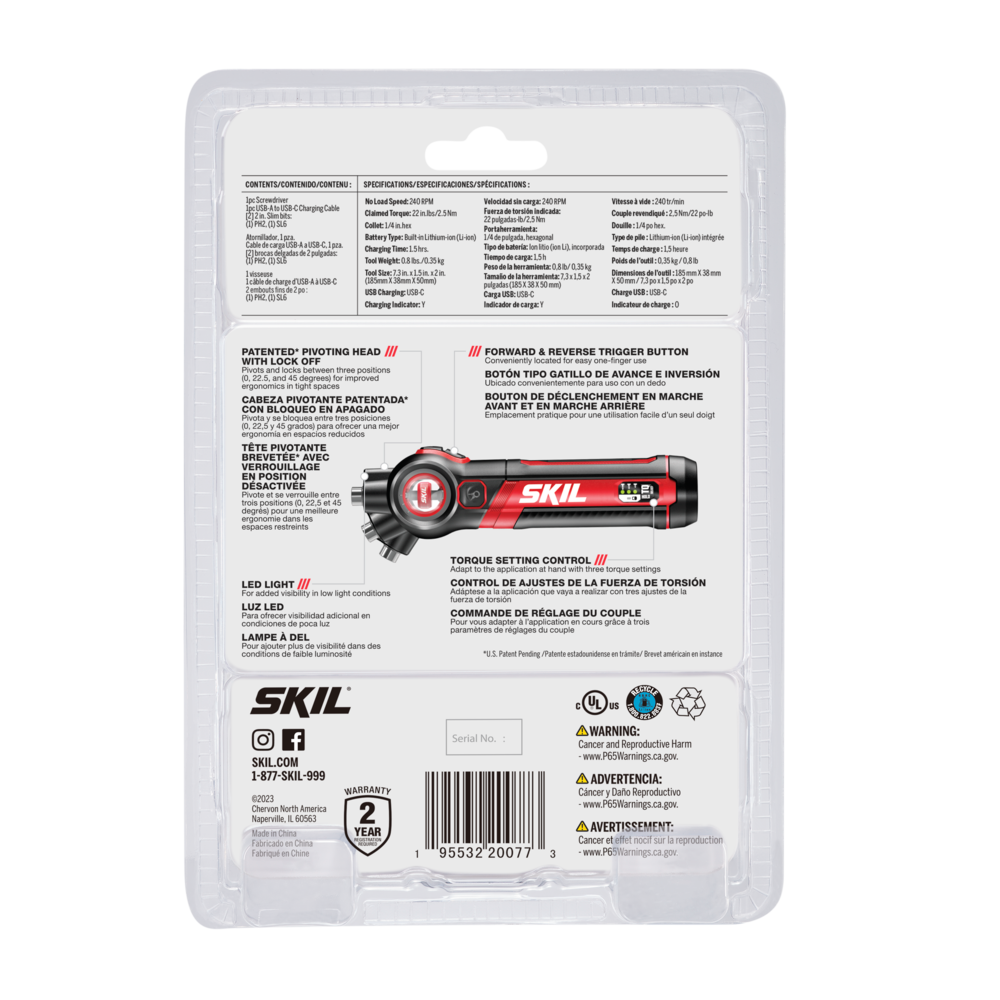 SKIL SD5619-01 Twist 2.0 Rechargeable 4V Screwdriver with 2-Piece Bit Kit