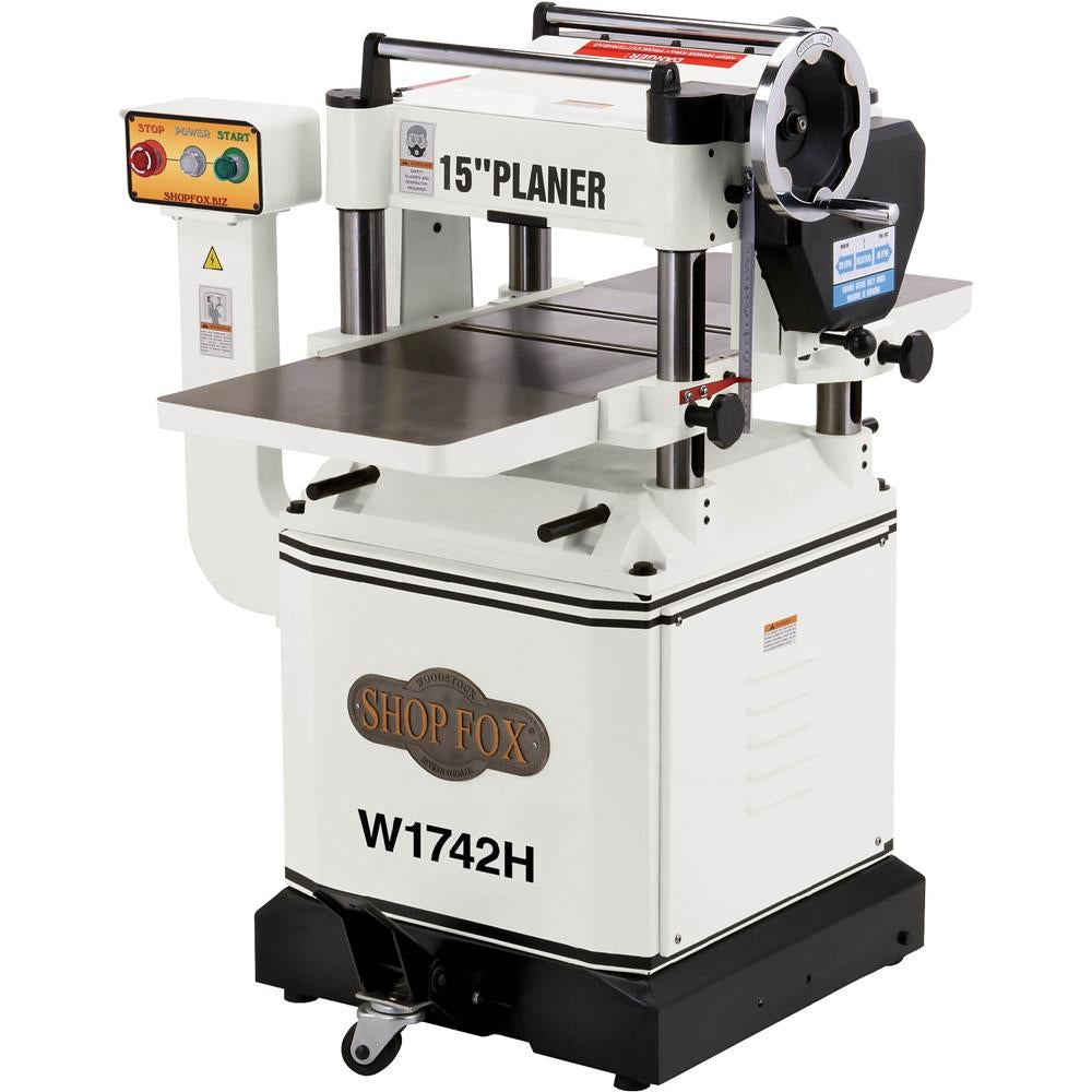 Shop Fox W1742H 3 HP 15-Inch Planer with Cast Iron Wings & Mobile Base and Helical Cutterhead