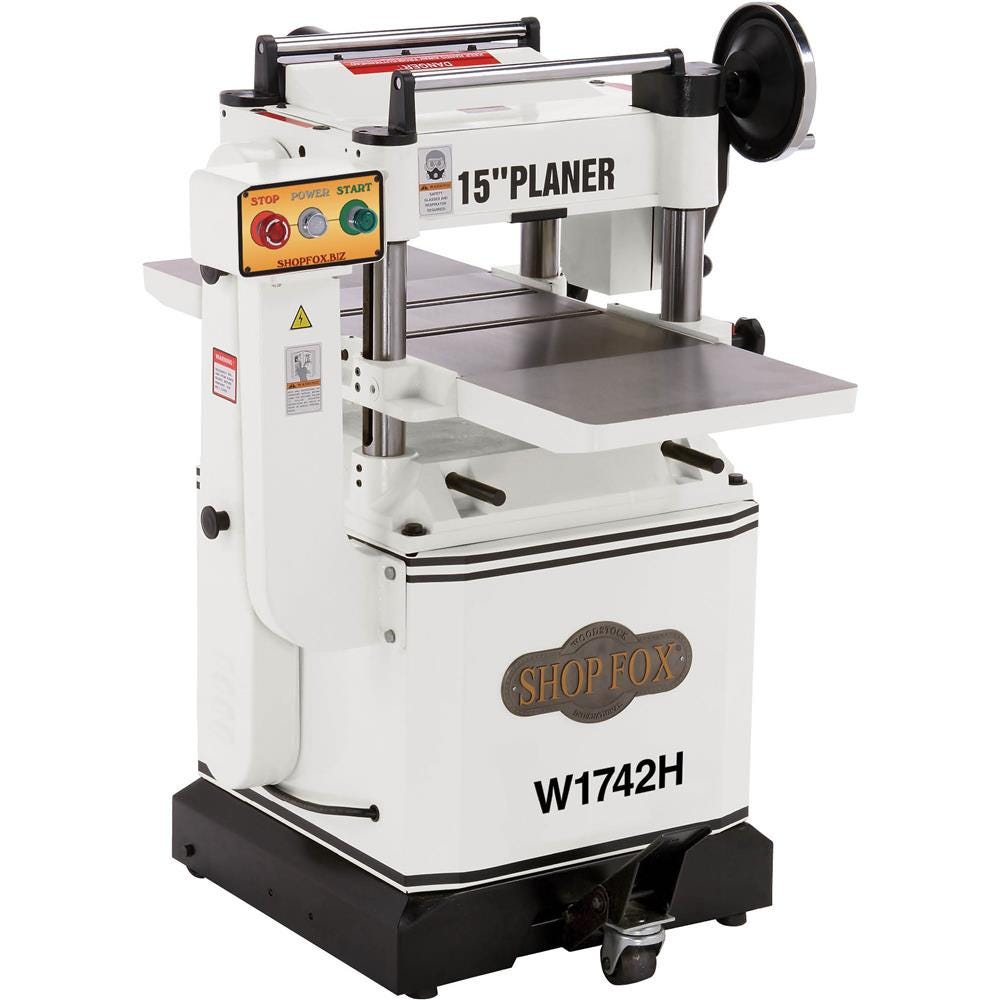 Shop Fox W1742H 3 HP 15-Inch Planer with Cast Iron Wings & Mobile Base and Helical Cutterhead