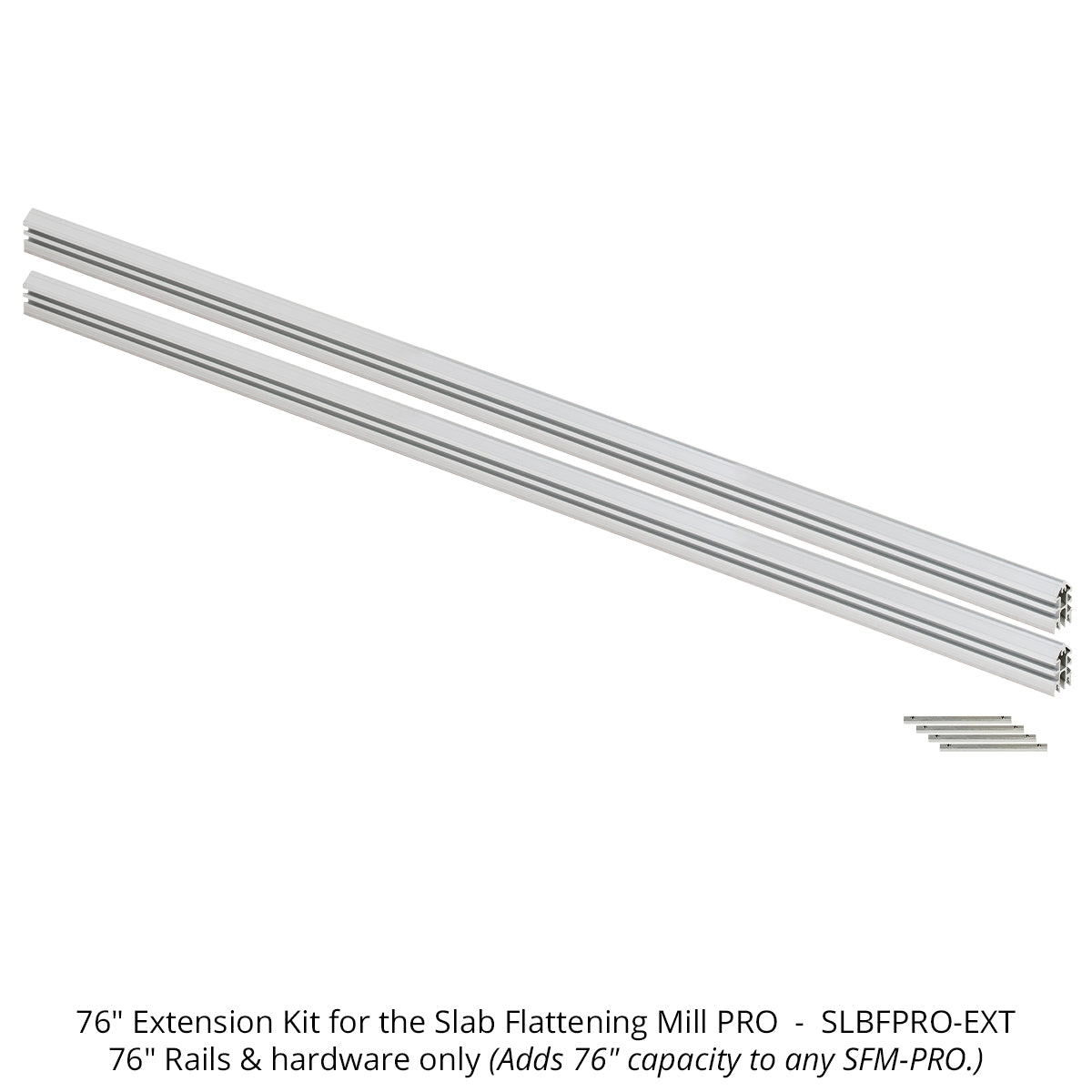 Woodpeckers 76-in. Rail Extension Kit for Slab Flattening Mill Pro, two 76-in. aluminum V-rails with connector hardware