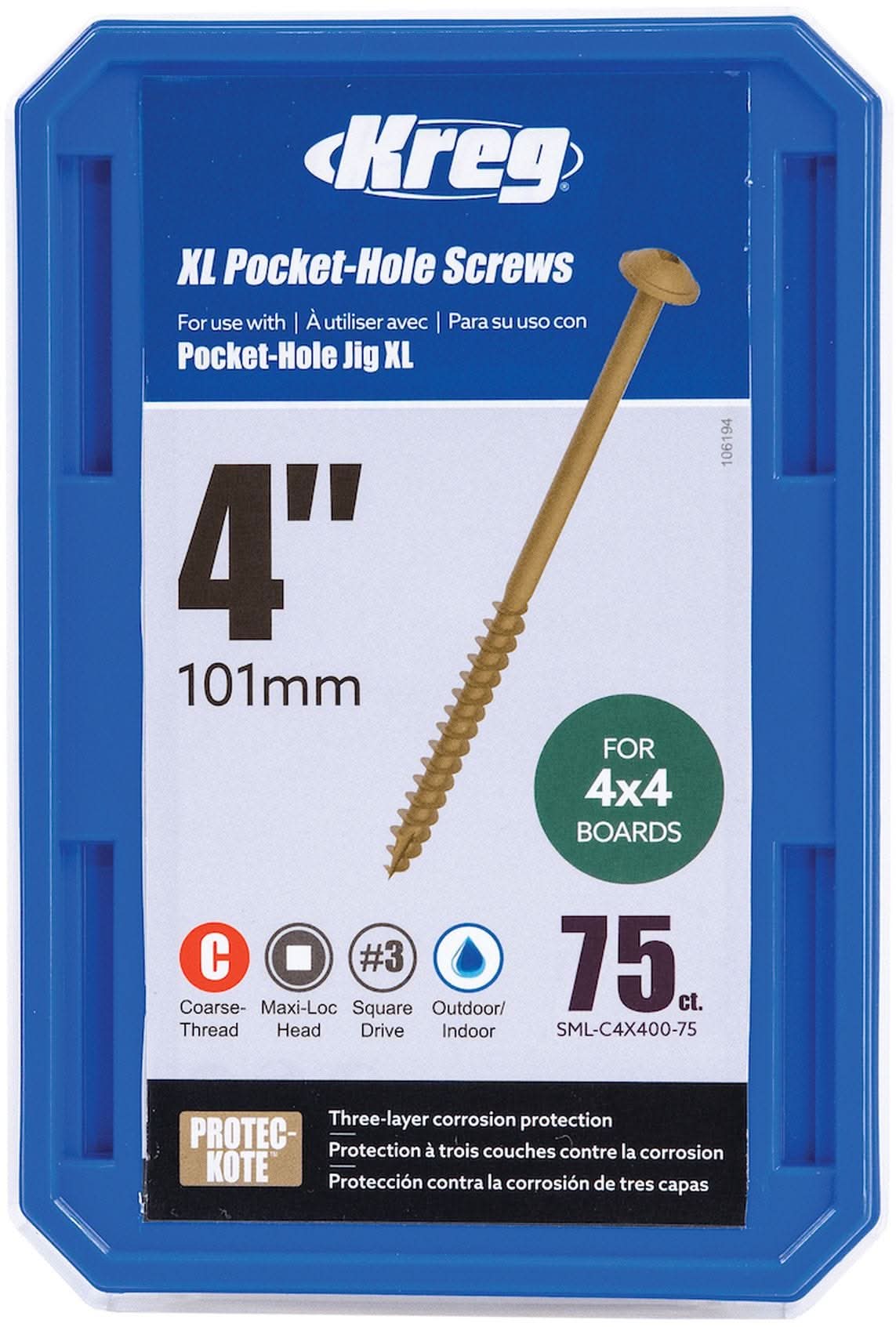Kreg SML-C4X400-75 4-in XL Pocket-Hole Screws - 75 ct. – Tool Nut