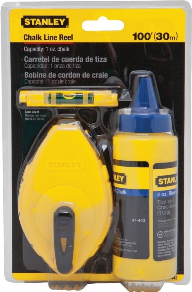 Stanley 47-443 3 Piece Chalk Box Set - 4 oz. bottle Blue Chalk & Plastic Line Levels