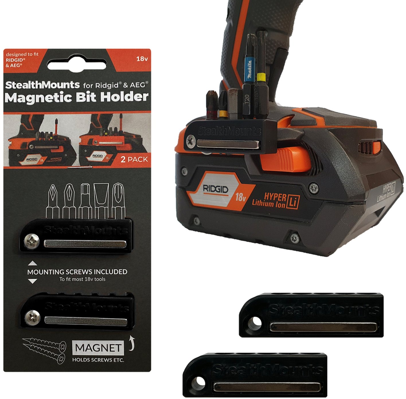 StealthMounts Magnetic Bit Holder for AEG & Ridgid 18V Tools, 2-Pack