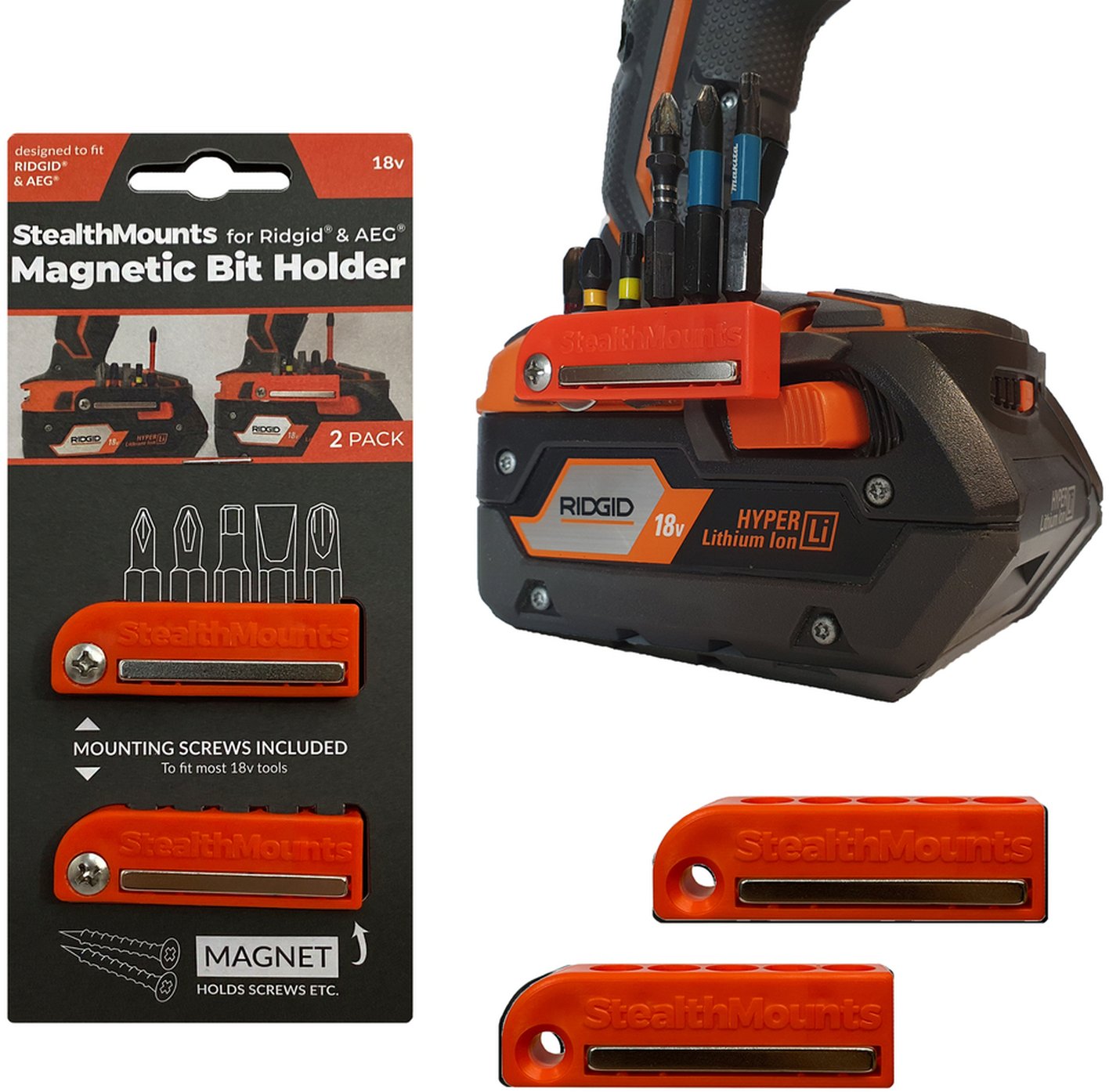 StealthMounts Magnetic Bit Holder for AEG & Ridgid 18V Tools, 2-Pack