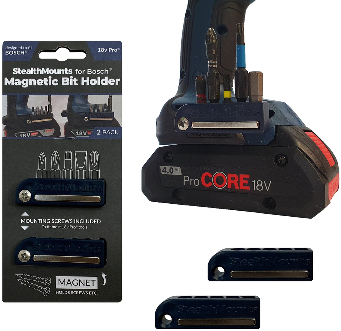StealthMounts Magnetic Bit Holder for Bosch ProCore & Professional Tools Blue, 2-Pack