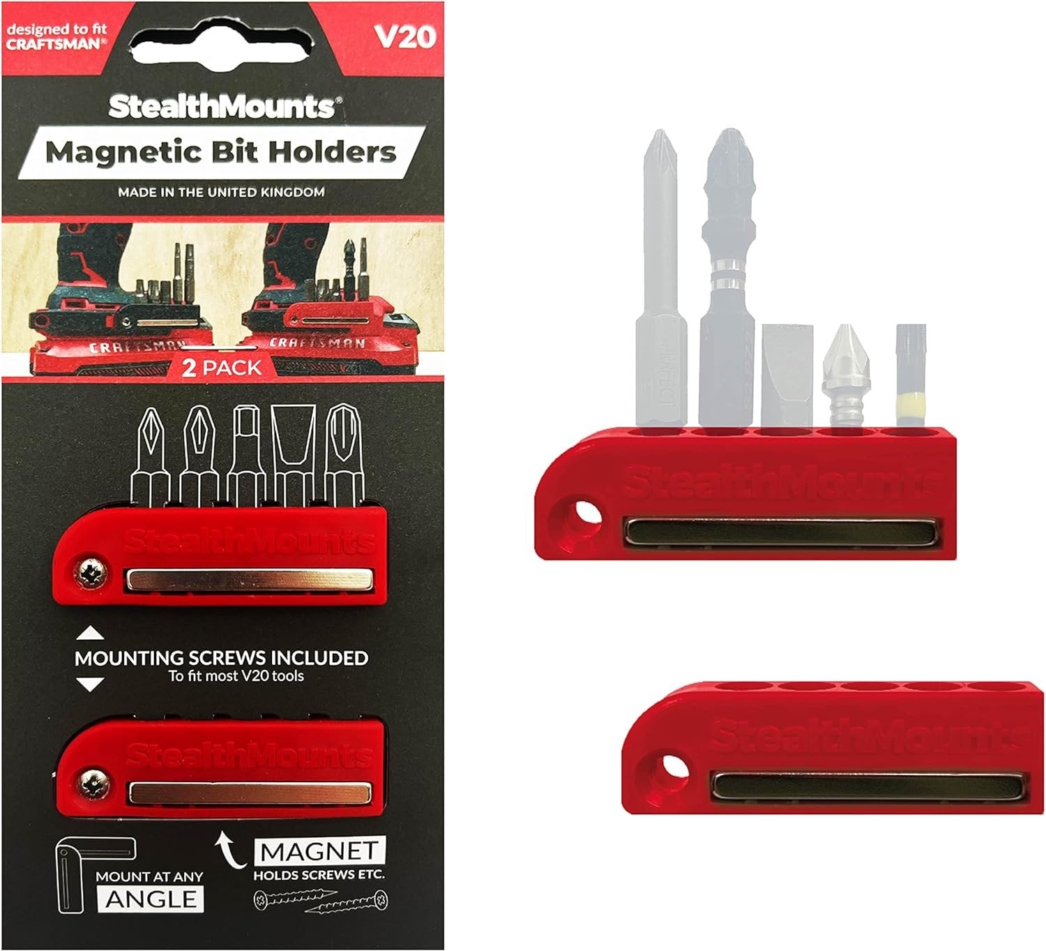 StealthMounts Magnetic Bit Holder for Craftsman Tools Red, 2-Pack