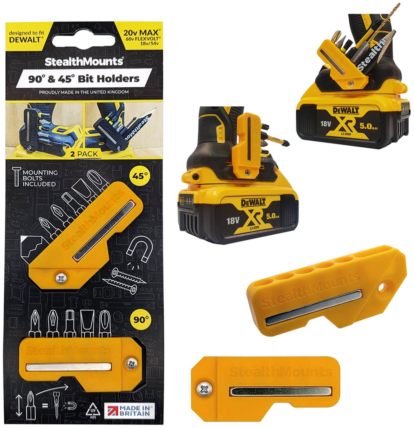 StealthMounts 45° & 90° Magnetic Bit Holder for DeWALT XR & Flexvolt Tools, 2-Pack