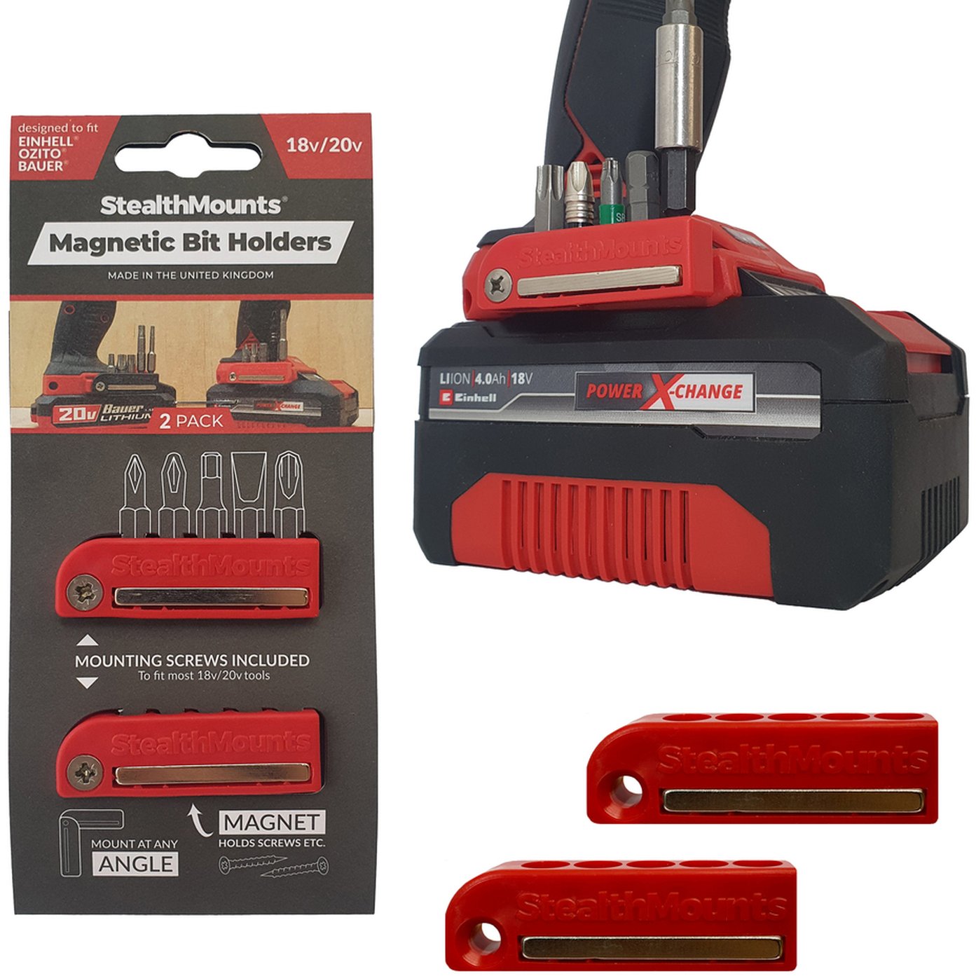 StealthMounts Magnetic Bit Holder for Einhell Tools Red, 2-Pack
