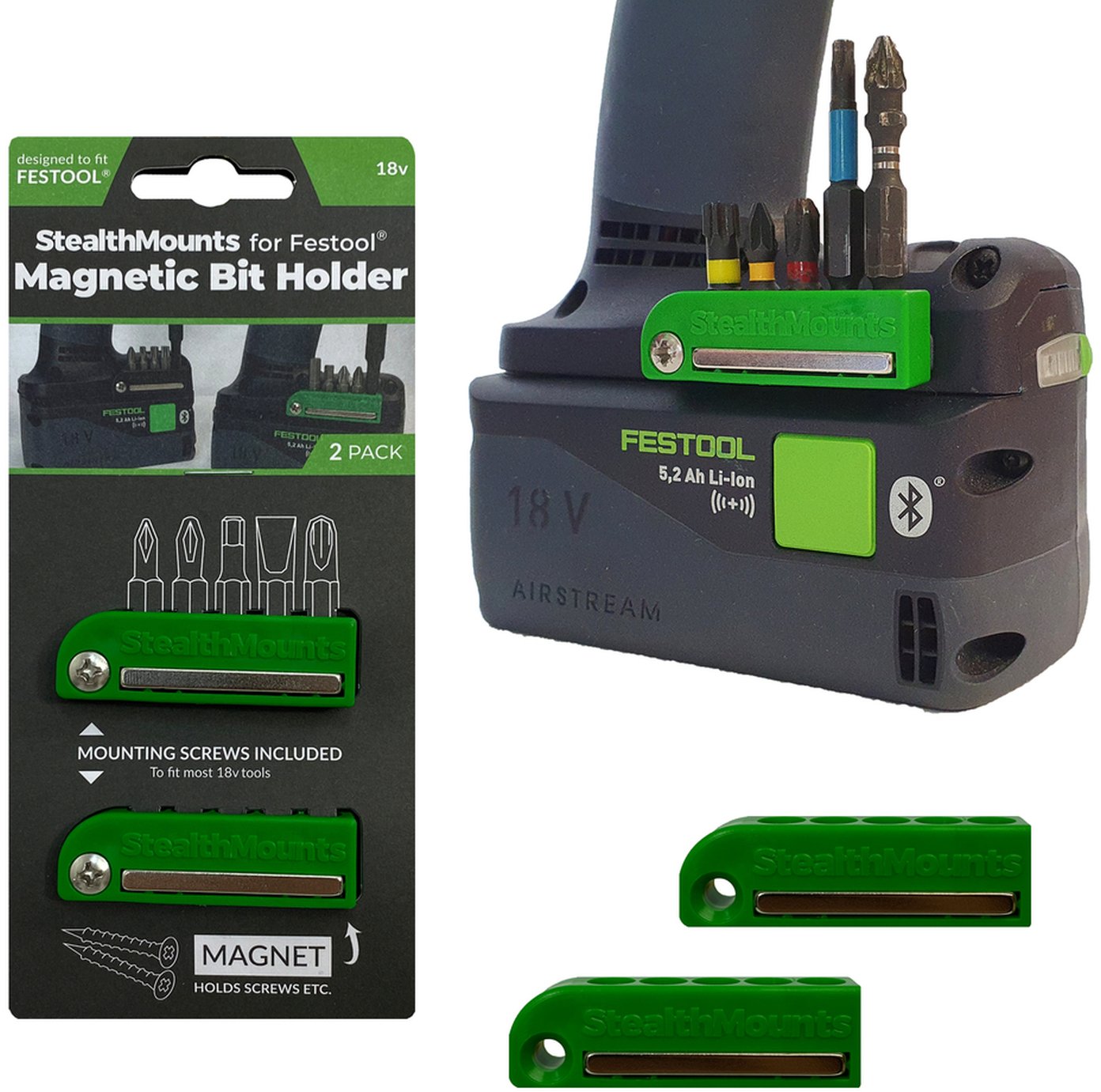 StealthMounts Magnetic Bit Holder for Festool 18V Tools Green, 2-Pack