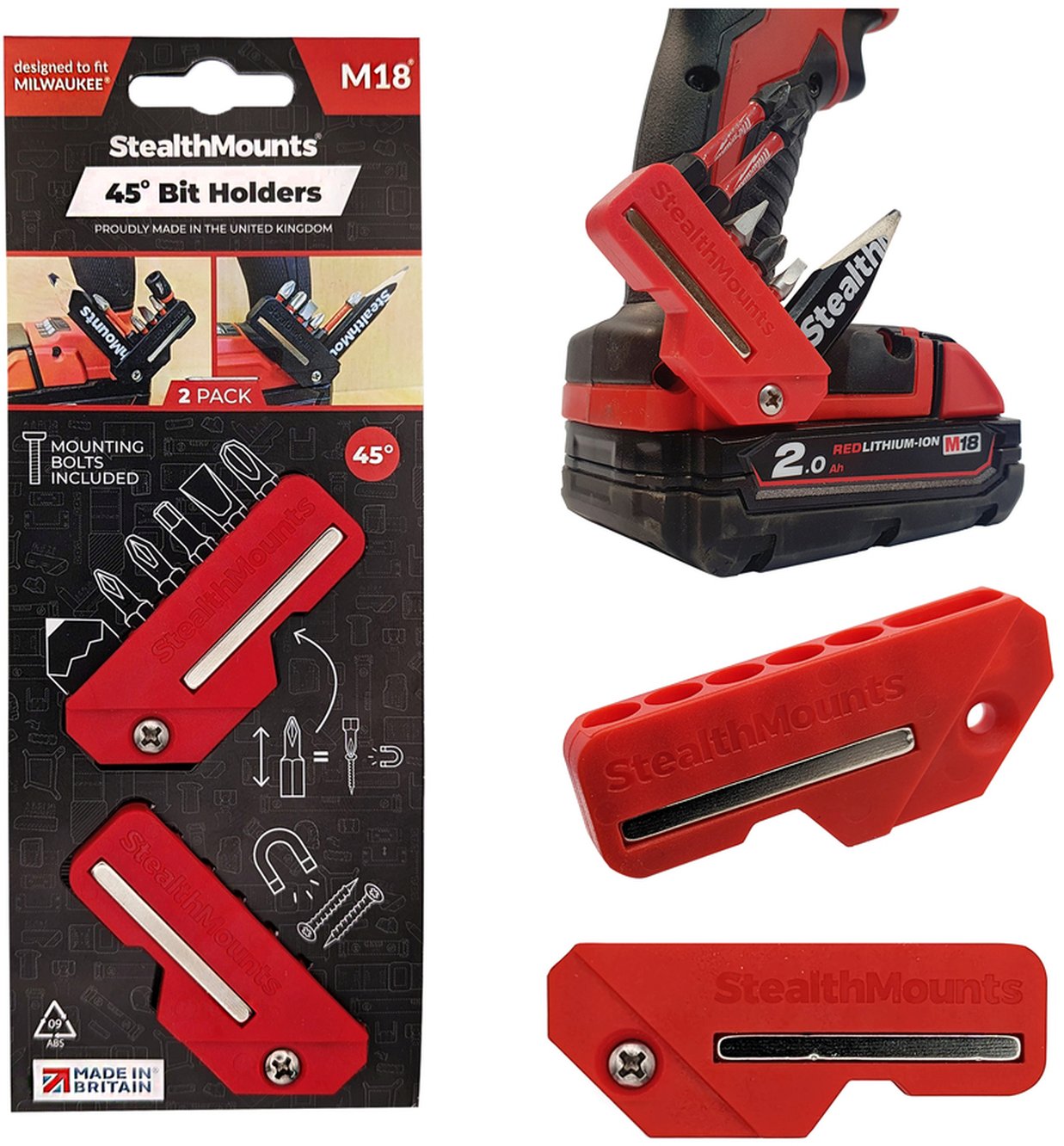 StealthMounts 45° Magnetic Bit Holder for Milwaukee M18 Tools, 2-Pack