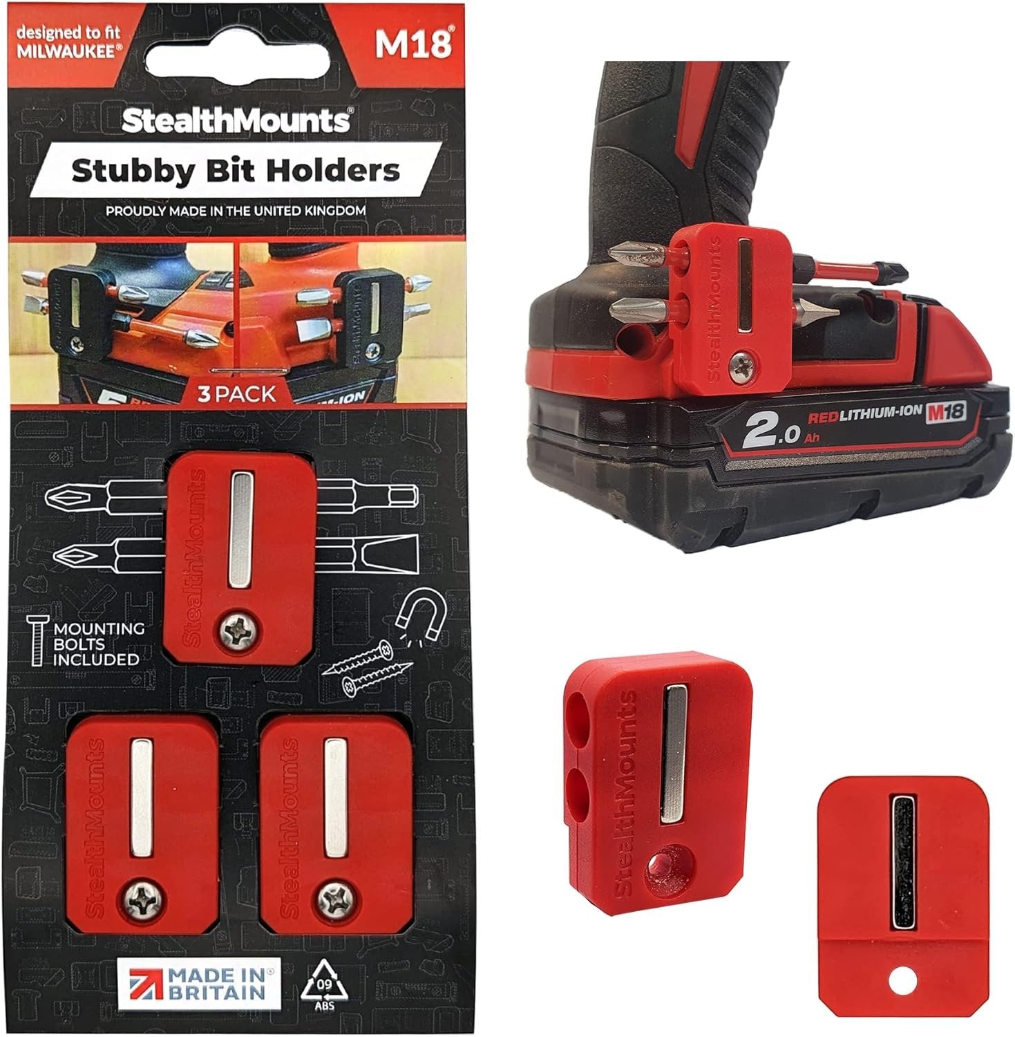StealthMounts Stubby Magnetic Bit Holder for Milwaukee M18 Tools, 3-Pack