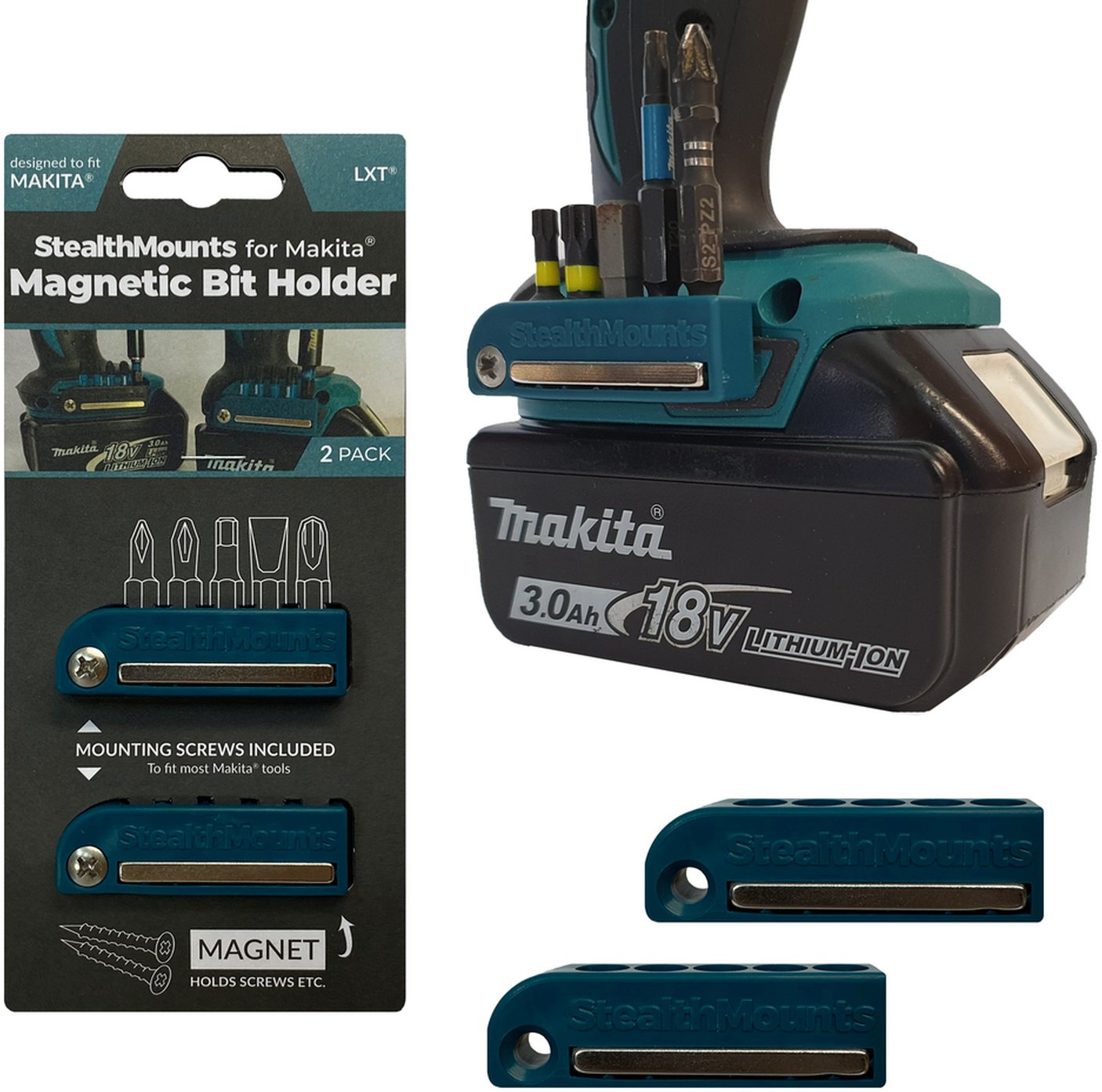 StealthMounts Magnetic Bit Holder for Makita LXT & XGT Tools Blue, 2-Pack