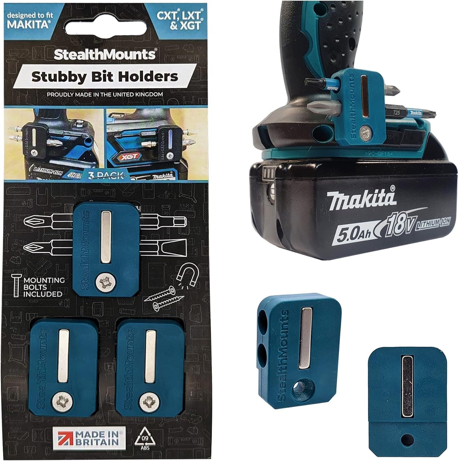 StealthMounts Stubby Magnetic Bit Holder for Makita CXT, LXT & XGT Tools, 3-Pack