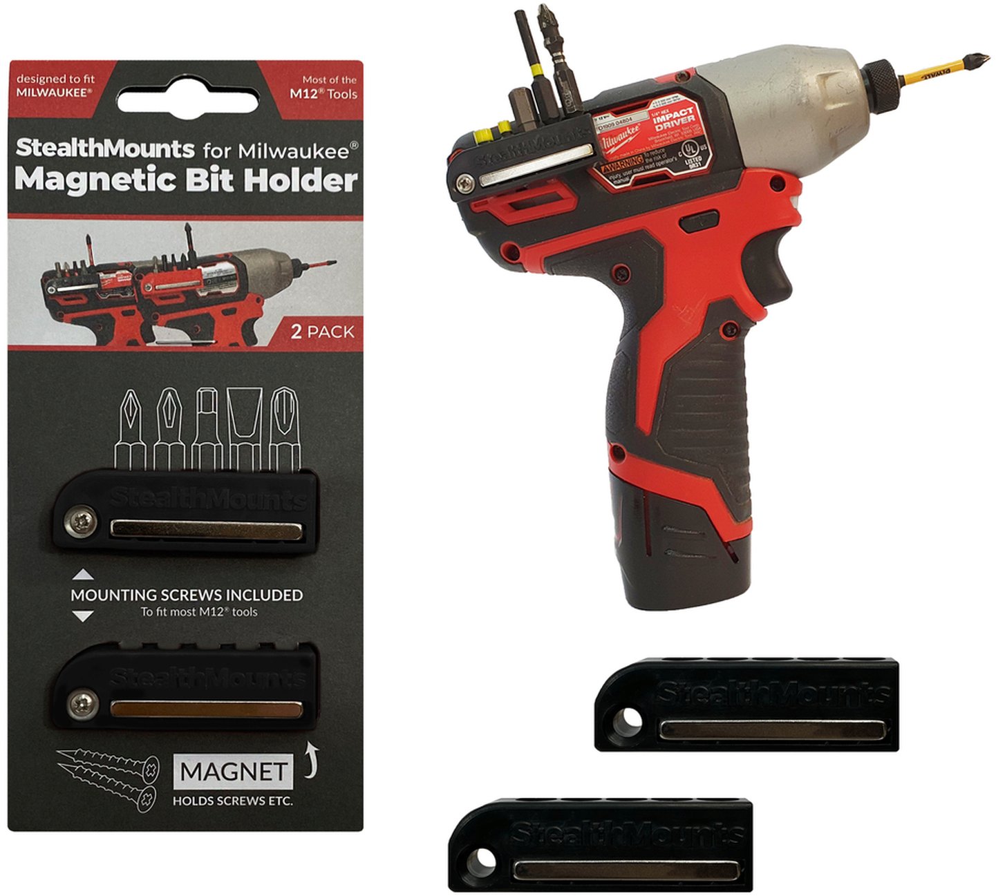 StealthMounts Magnetic Bit Holder for Milwaukee M12 Tools, 2-Pack