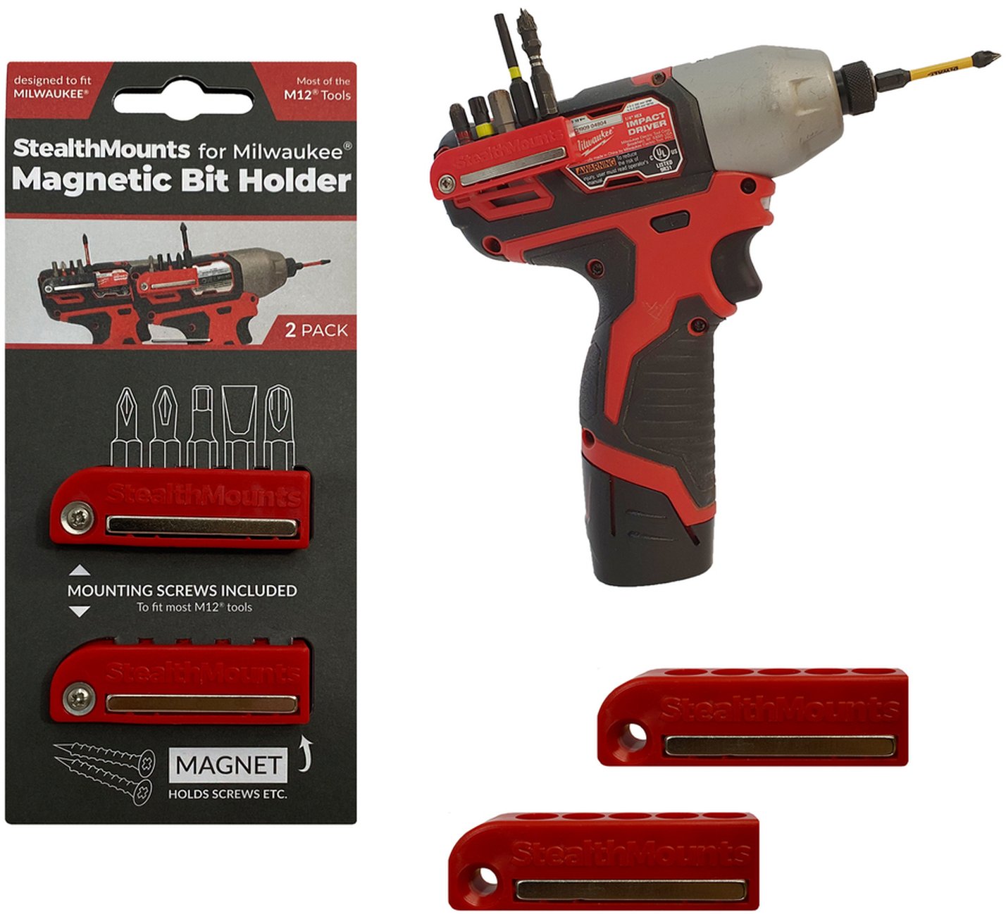 StealthMounts Magnetic Bit Holder for Milwaukee M12 Tools, 2-Pack