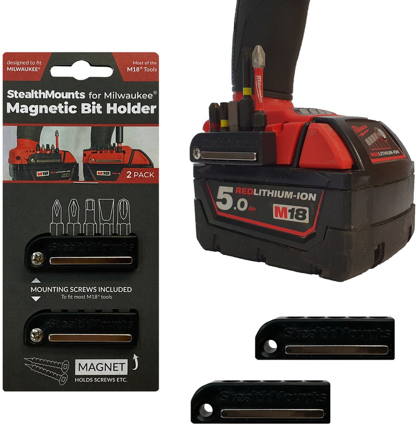 StealthMounts Magnetic Bit Holder for Milwaukee M18 Tools, 2-Pack