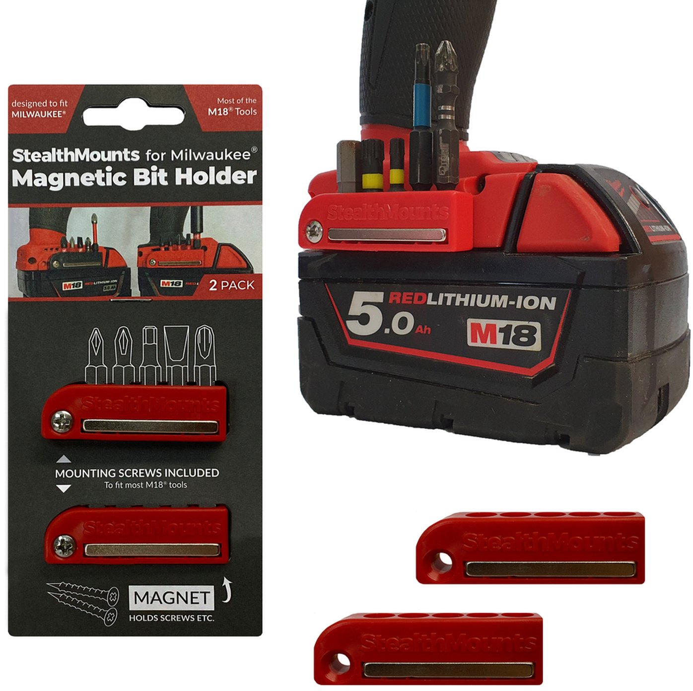 StealthMounts Magnetic Bit Holder for Milwaukee M18 Tools, 2-Pack