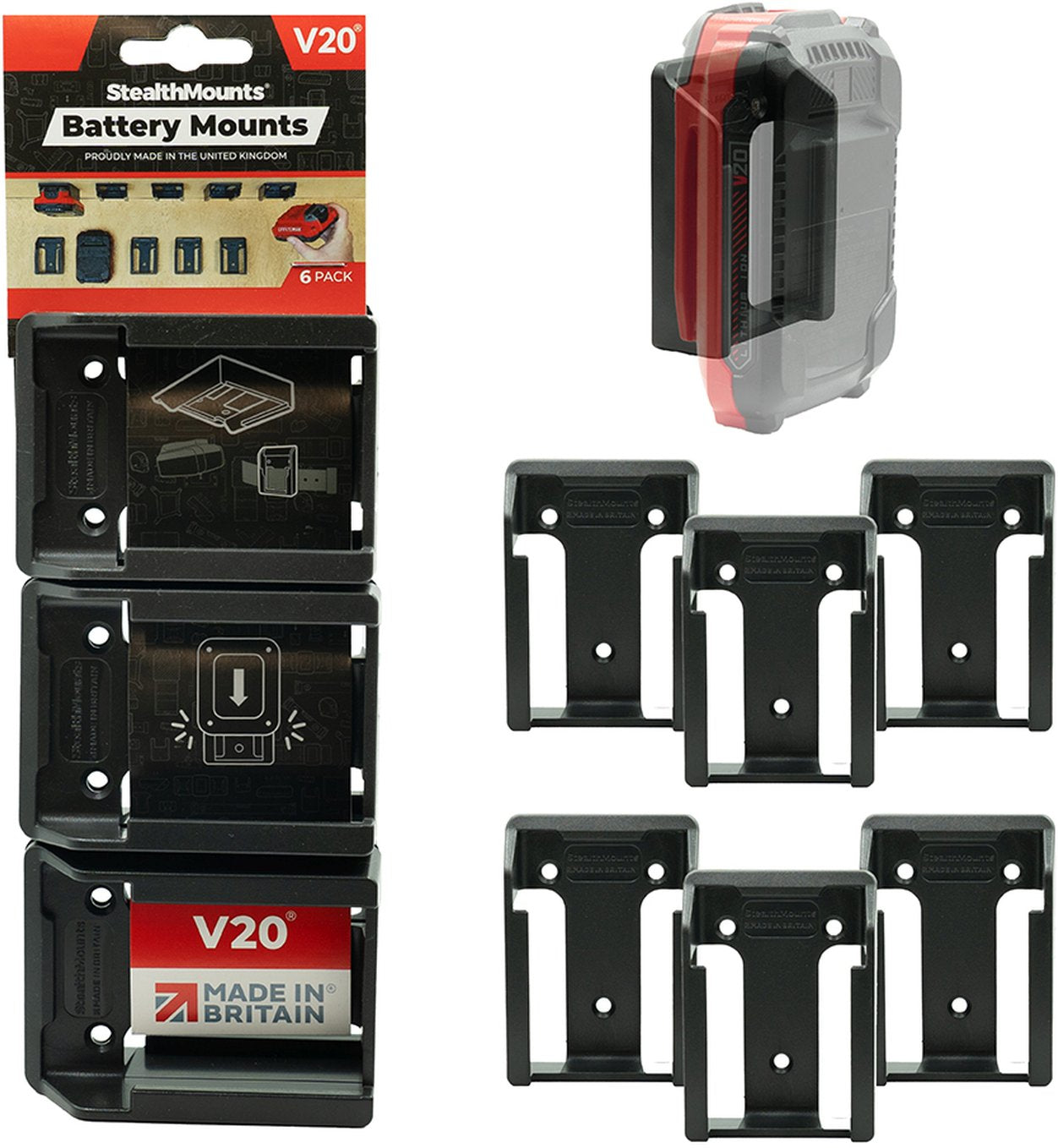 StealthMounts Battery Mounts for Craftsman V20 Black, 6-Pack