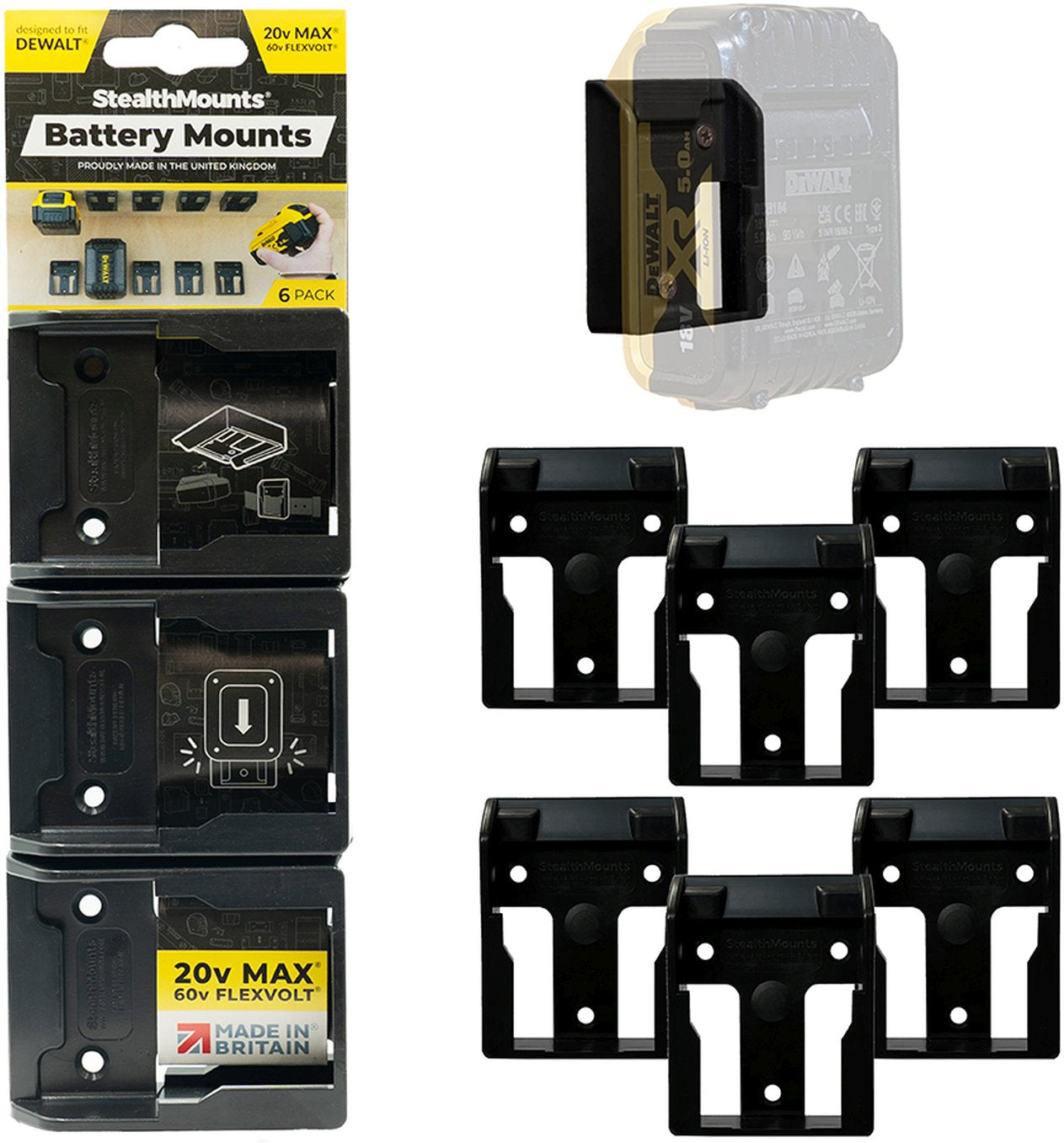 StealthMounts Battery Mounts for DeWALT XR 20V, 6-Pack