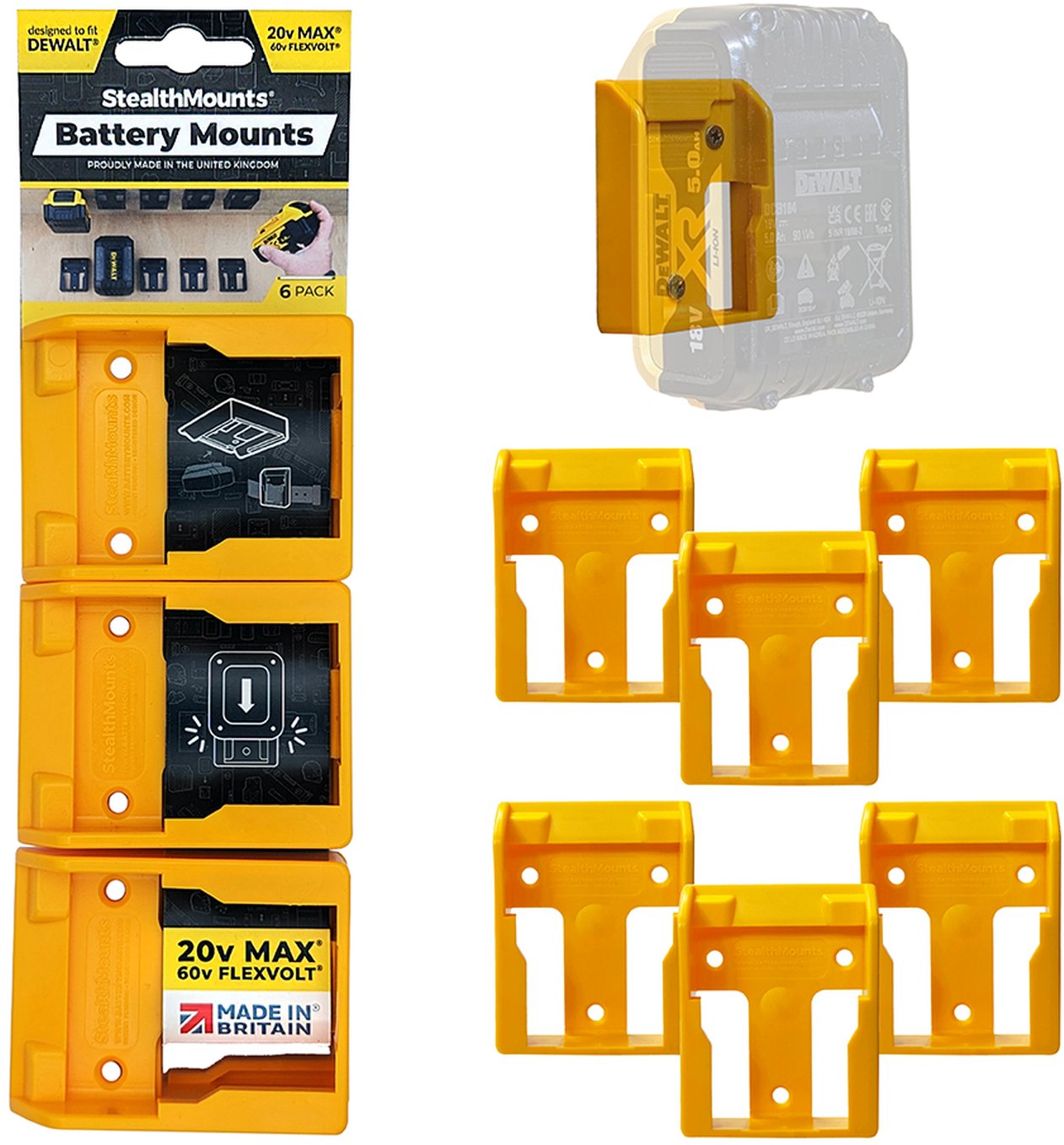 StealthMounts Battery Mounts for DeWALT XR 20V, 6-Pack