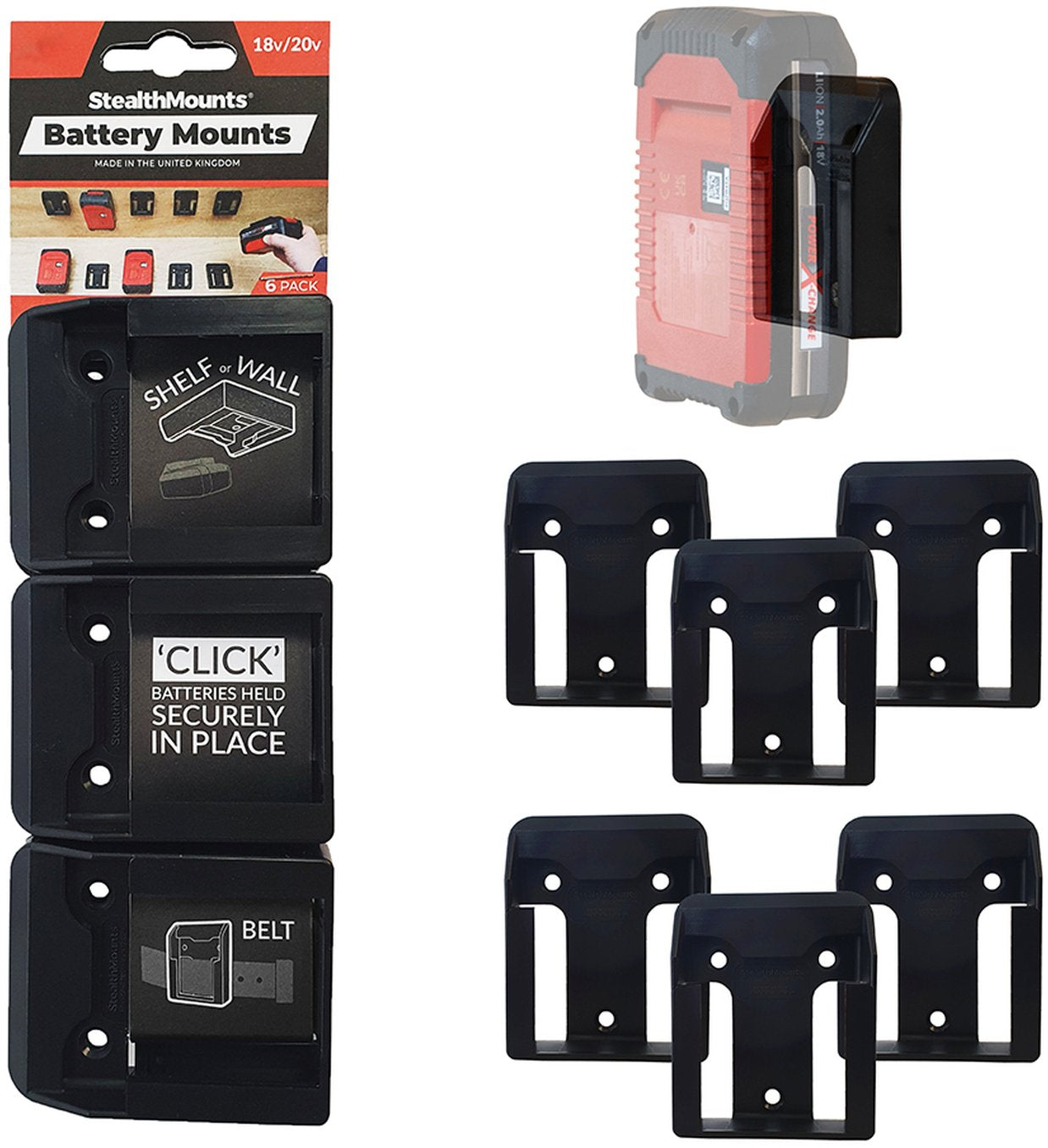 StealthMounts Battery Mounts for Einhell 18V Black, 6-Pack