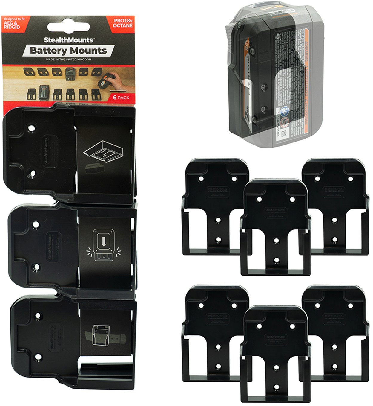 StealthMounts Battery Mounts for AEG & Ridgid Black, 6-Pack