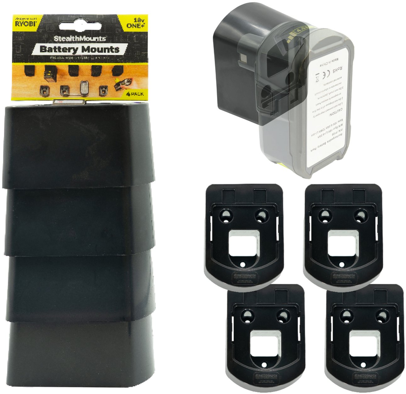 StealthMounts Battery Mounts for Ryobi 18V ONE+ Black, 4-Pack