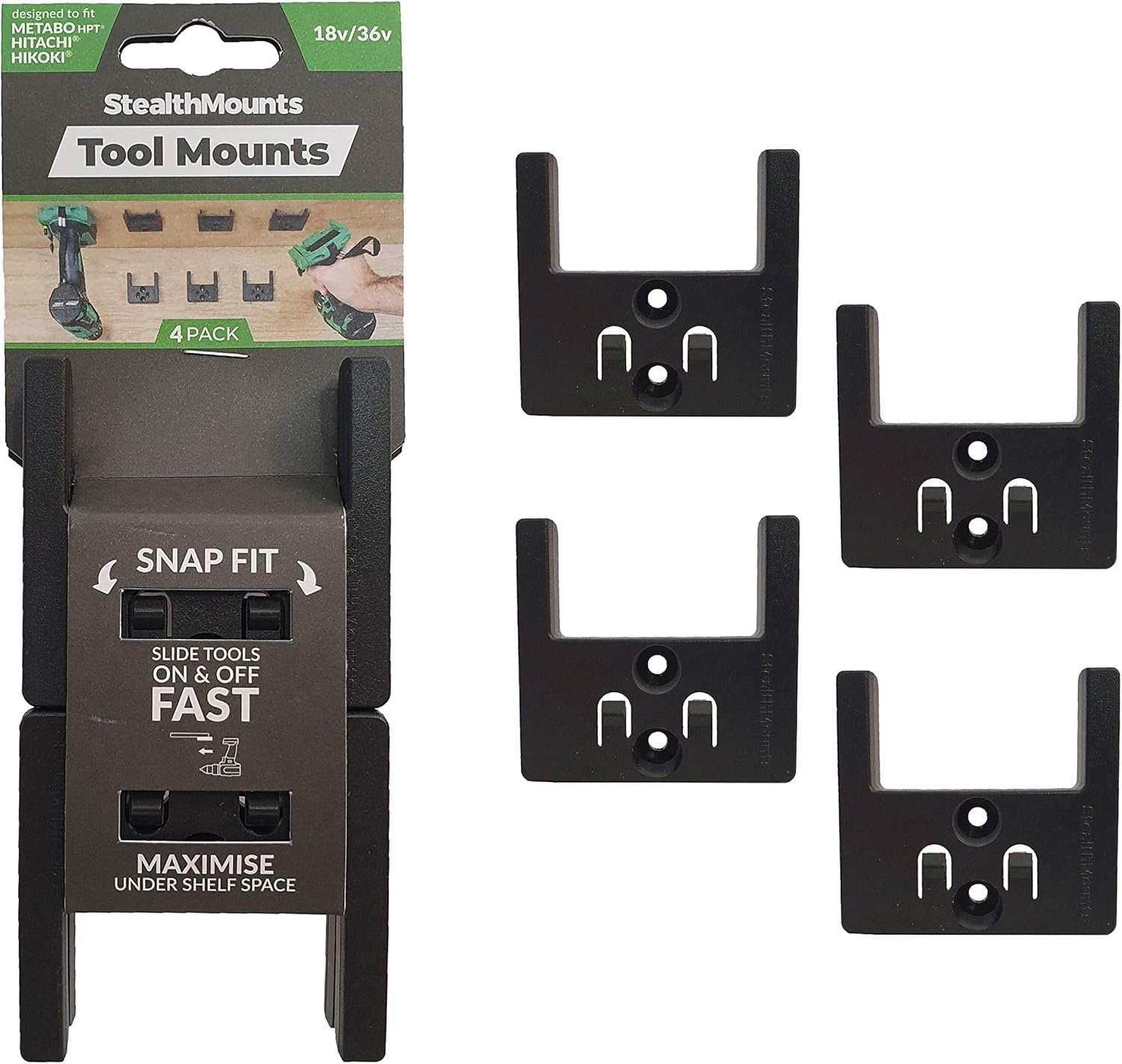 StealthMounts Tool Mounts for Metabo HPT Hitachi, Hikoki 18v/36V Black, 4-Pack