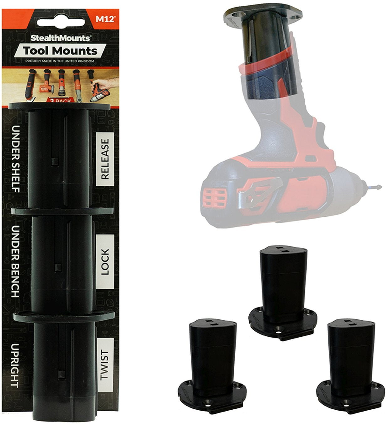StealthMounts Tool Mounts for Milwaukee M12 Black, 3-Pack