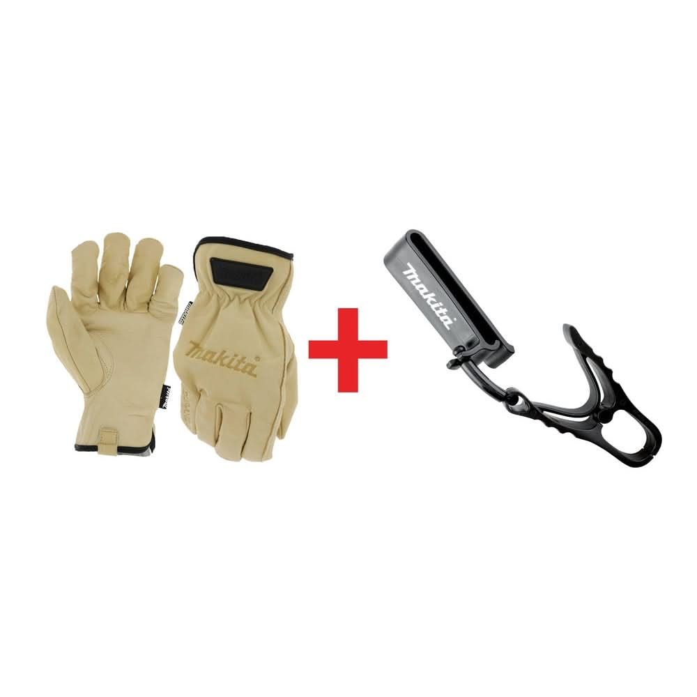 Makita 100% Genuine Leather Cow Driver Gloves, XL with Glove Holder Clip