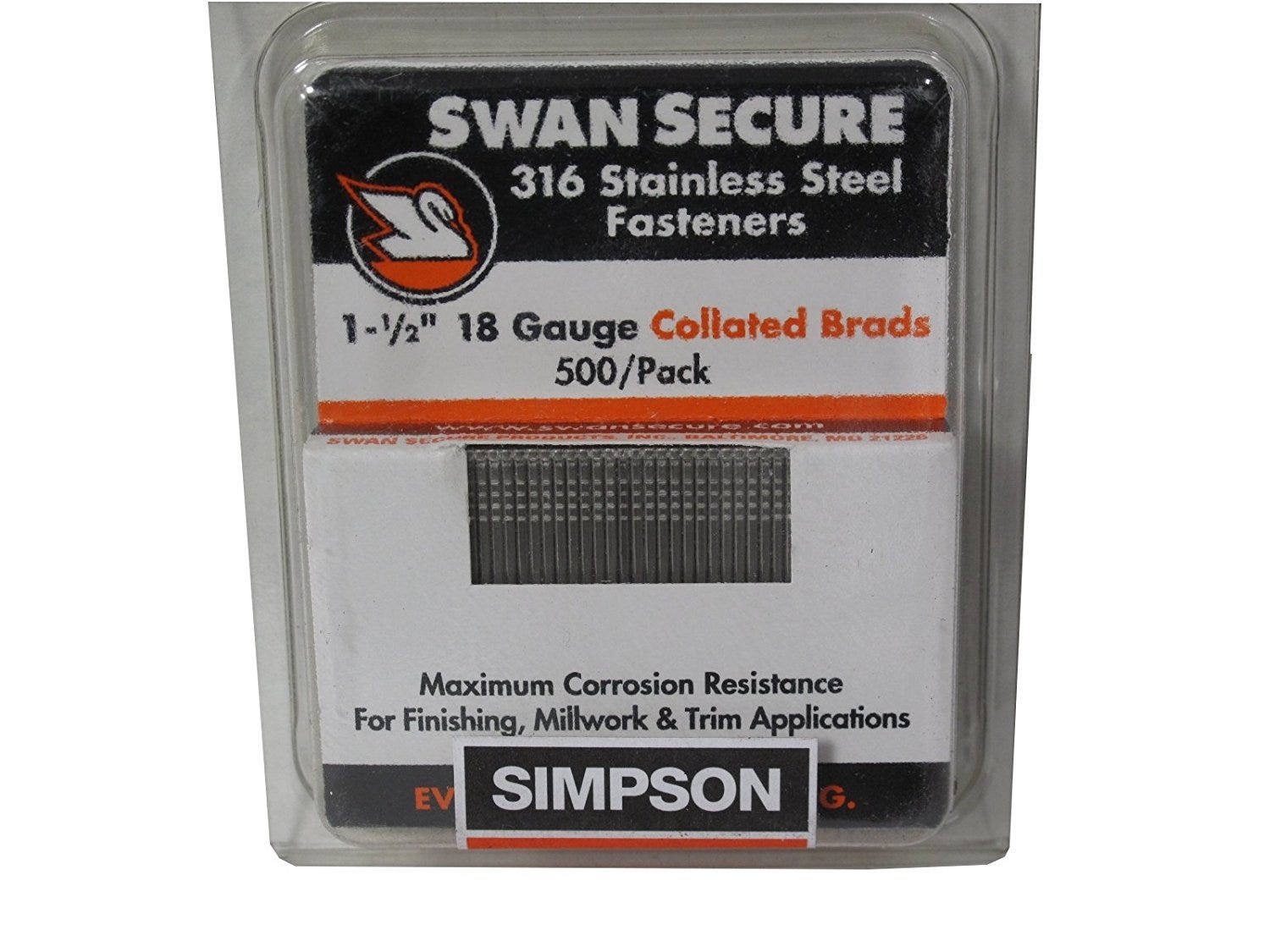 Swan Secure T18N150FNB Stainless Steel 1-1/2" 18 Gauge Nails, 500-Pack
