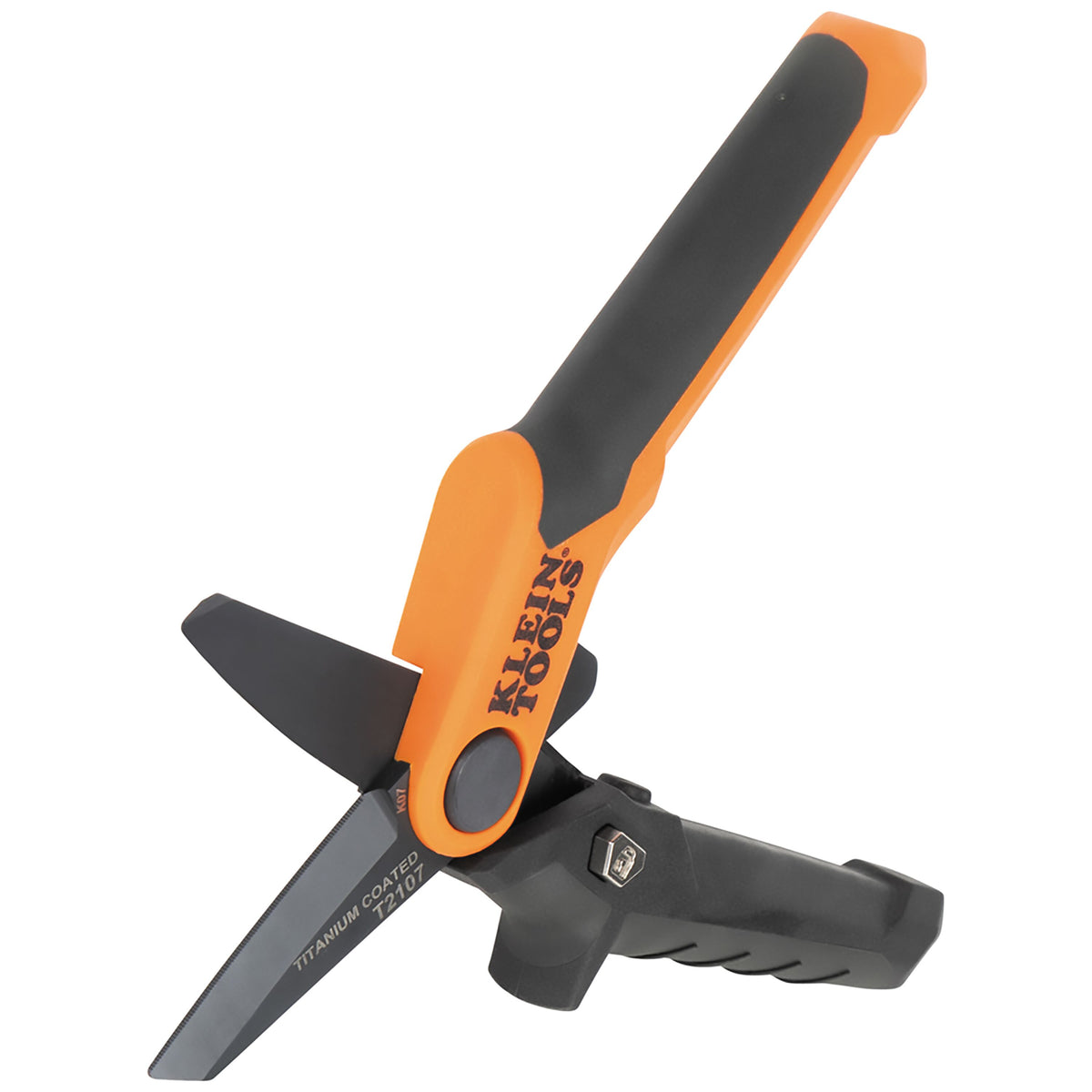 Klein T2107 utility shears open showing serrated titanium-coated blades
