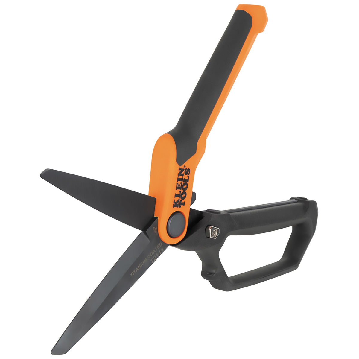 Klein T2111 professional shears open showing serrated titanium-coated blades