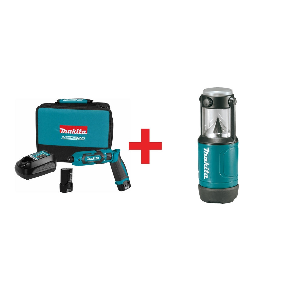 Makita 7.2V Cordless 1/4" Hex Impact Driver Kit plus 12V max Cordless L.E.D. Lantern/Flashlight