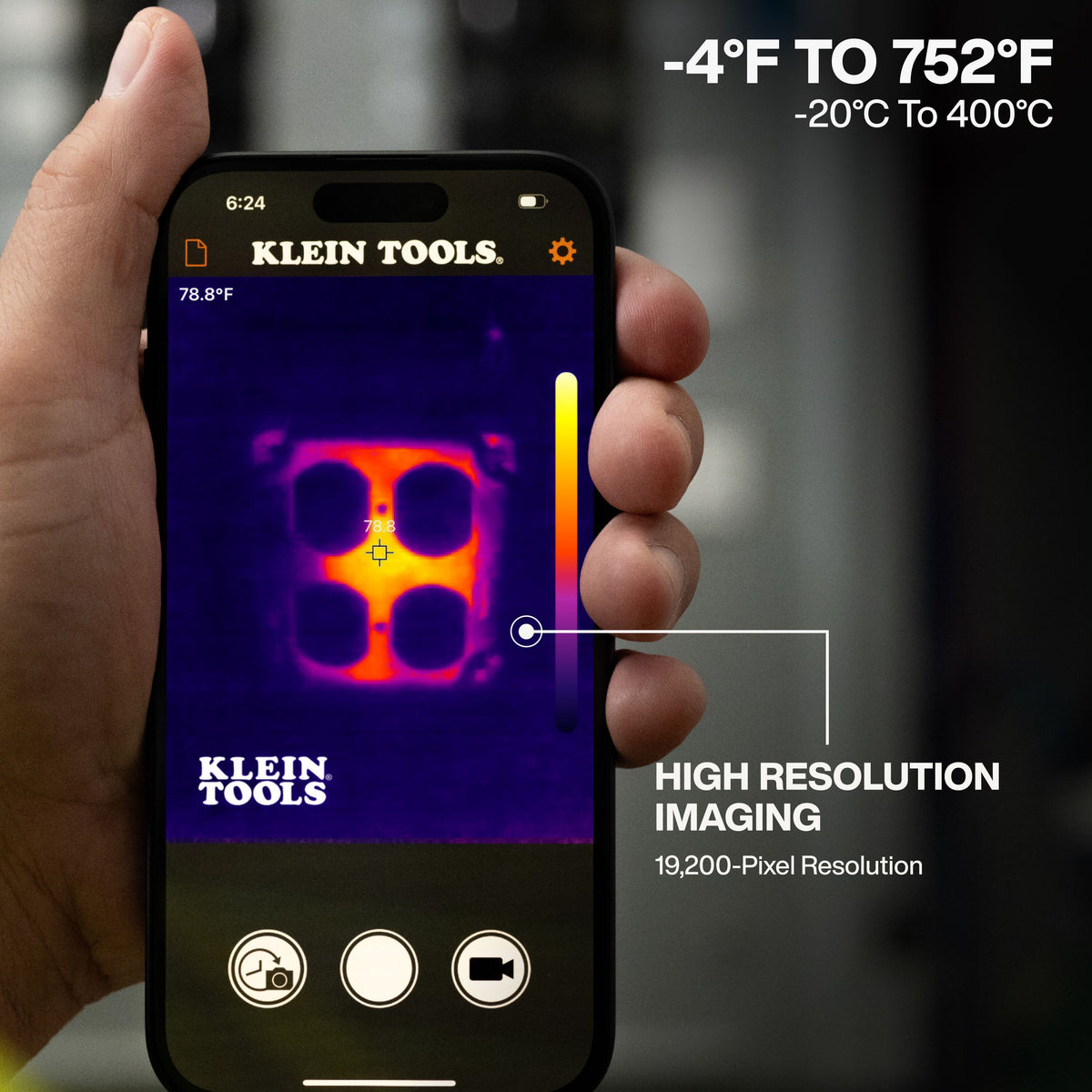 Klein Tools TI223 thermal imager plugged into a USB-C phone with case up to 1/5-inch thick