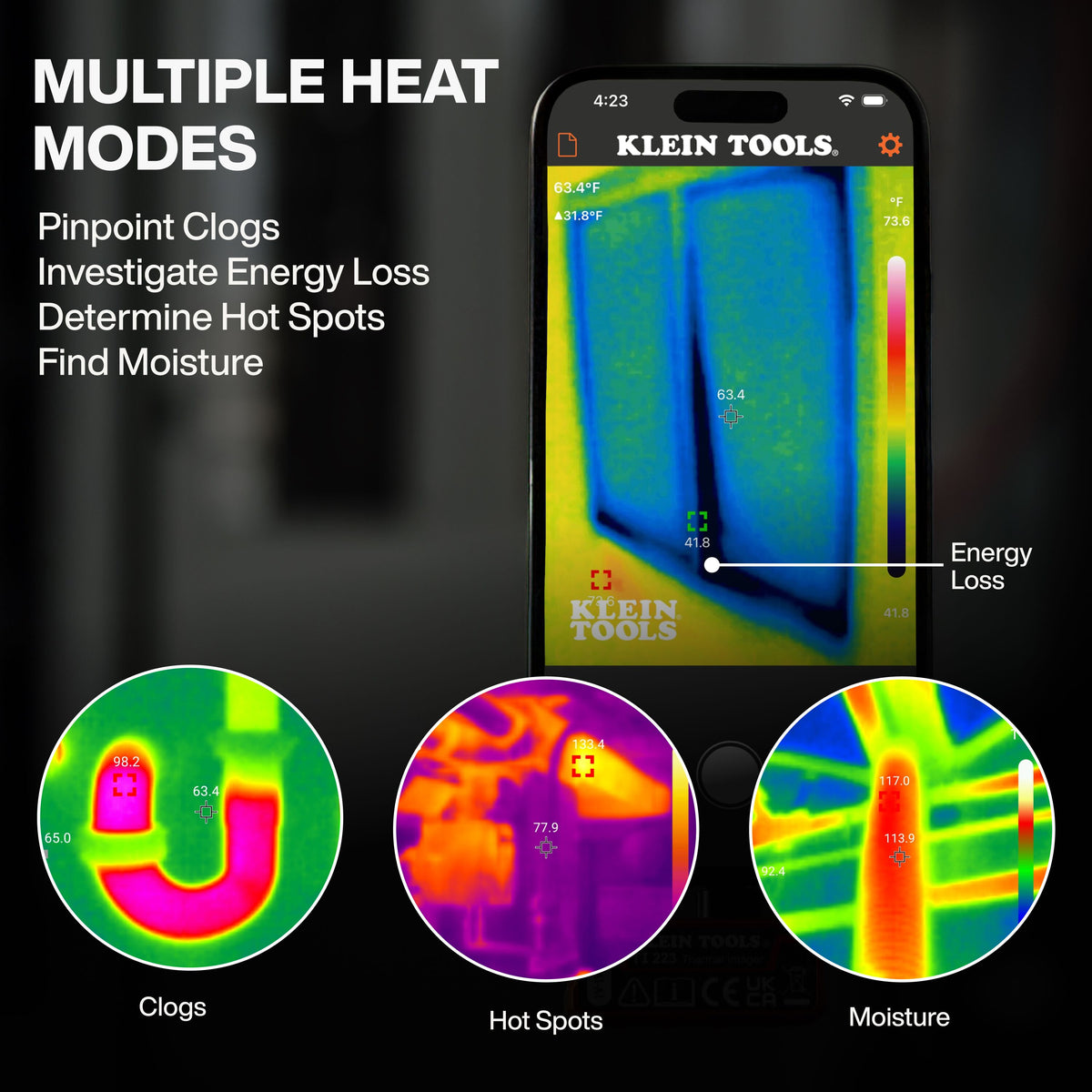 Klein Tools TI223 capturing thermal images and time-lapse video on a smartphone