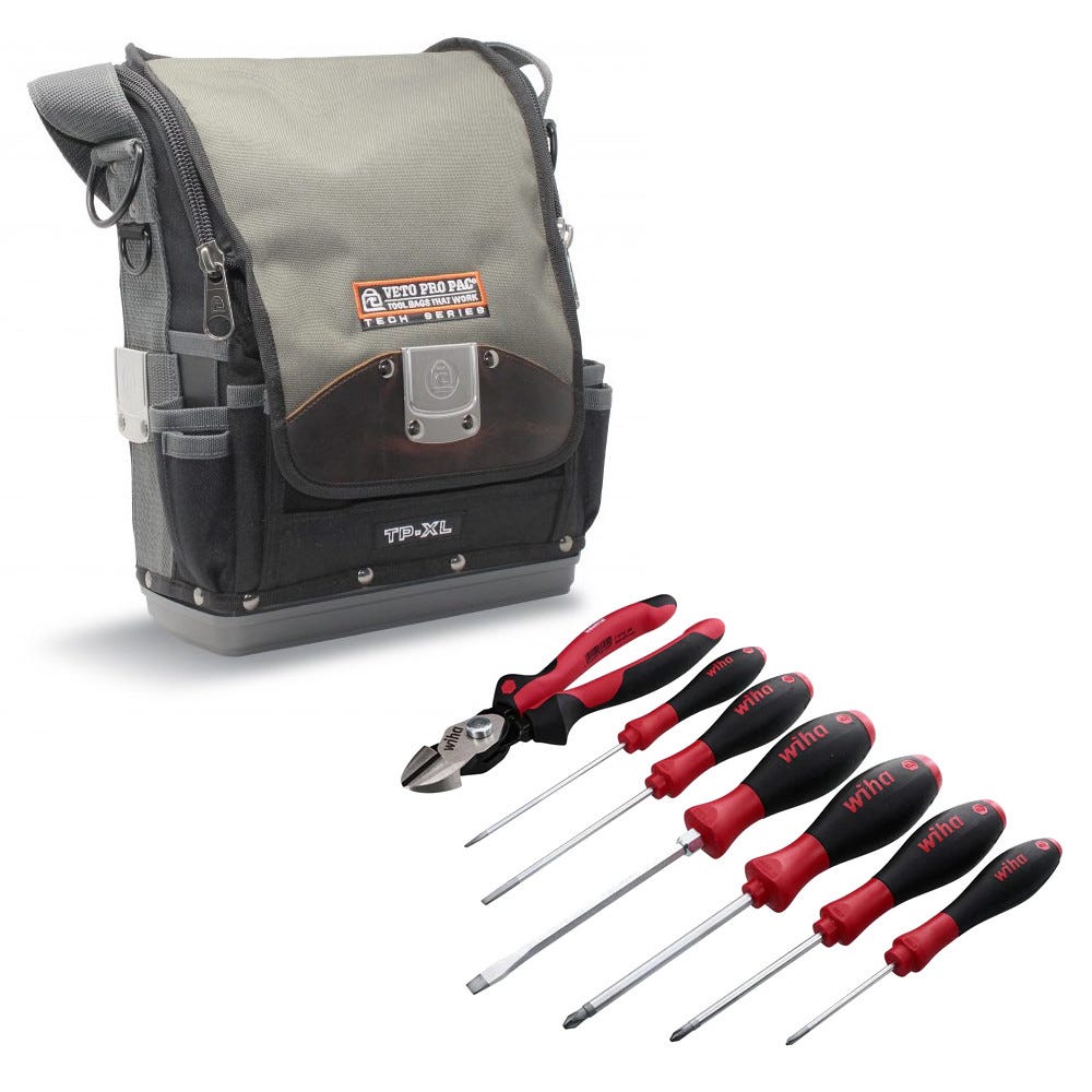 Veto Pro Pac Mid-Sized Full Featured Tool Pouch with Wiha 7-Piece Industrial SoftFinish BiCut Compound Cutter & Screwdriver Set
