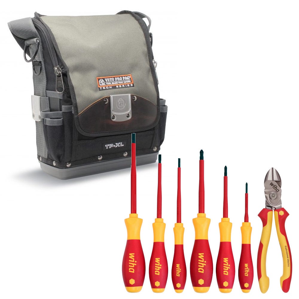 Veto Pro Pac Mid-Sized Full Featured Tool Pouch with Wiha 7-Piece Insulated BiCut Comound Cutters & Screwdriver Set