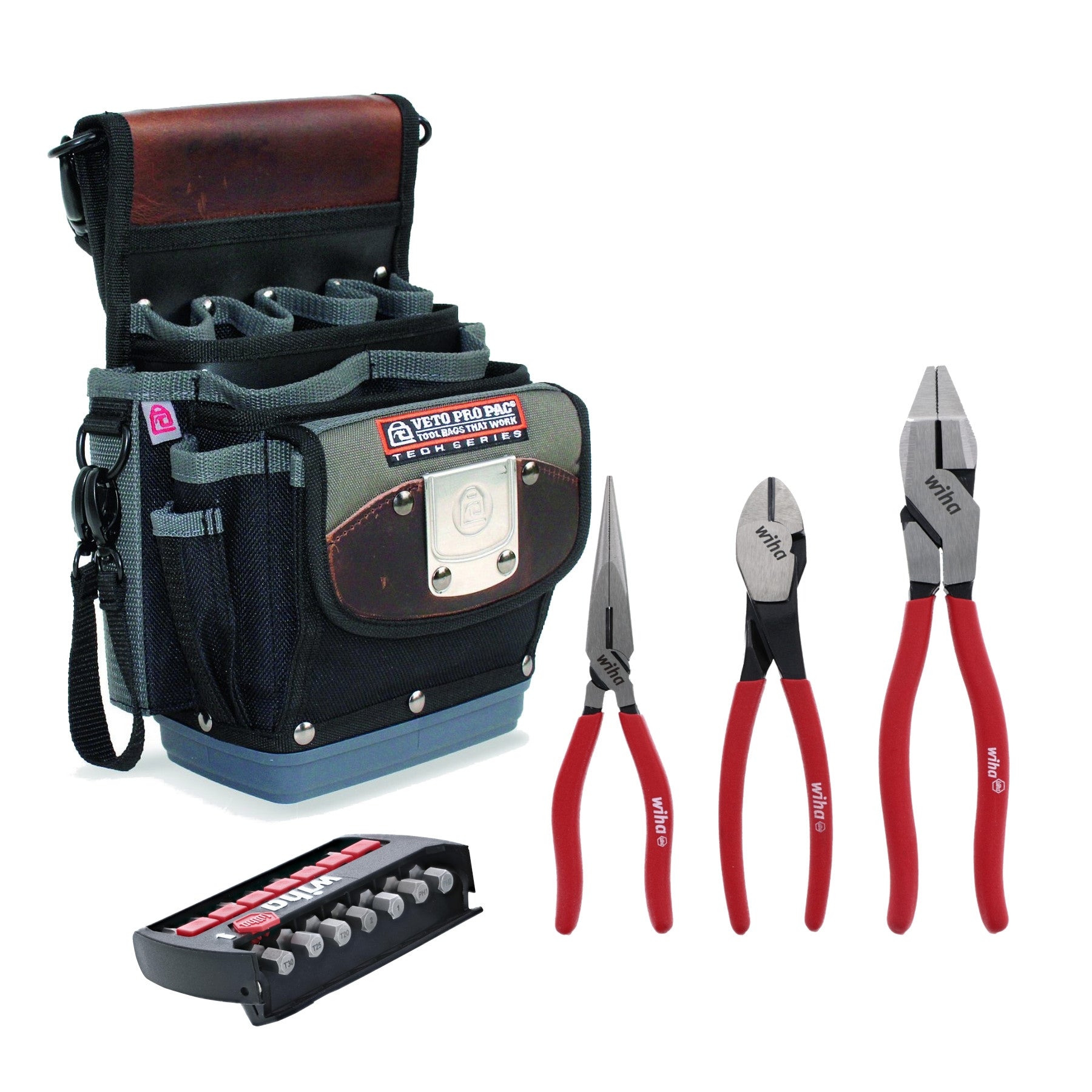 Veto Pro Pac TP4B Clip On Tool Pouch with WIHA 3-Piece Classic Grip Plier/Cutter Set and 7-Piece TerminatorBlue 2-in. Impact Bit Set