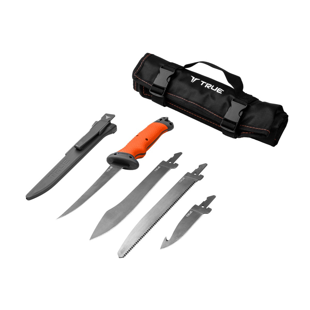 TRUE Swift Edge Hunt Processing Kit with 4 interchangeable blades, sheath, and storage wrap for field dressing