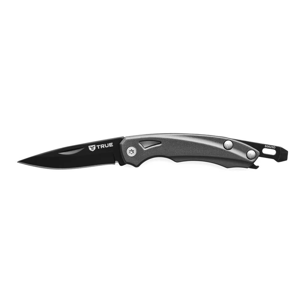 TRUE SlipKnife 1.9-inch drop point folding keychain knife open showing blade and anodized aluminum handle